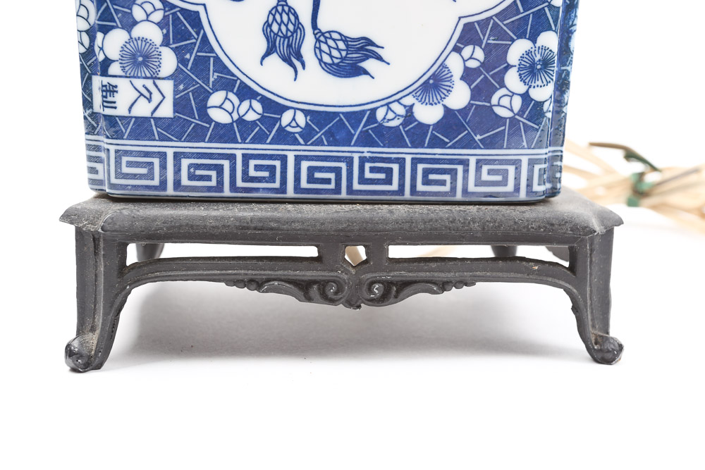 Vintage Chinese Blue and White Ceramic Table Lamps with Footed Metal Bases