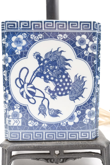 Vintage Chinese Blue and White Ceramic Table Lamps with Footed Metal Bases