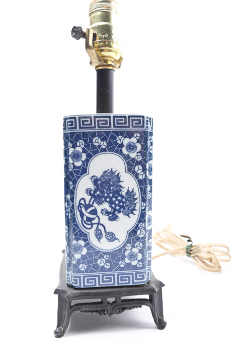 Vintage Chinese Blue and White Ceramic Table Lamps with Footed Metal Bases