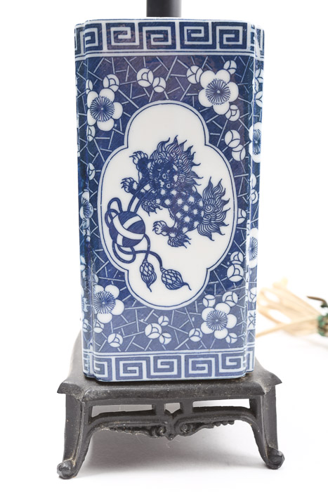 Vintage Chinese Blue and White Ceramic Table Lamps with Footed Metal Bases