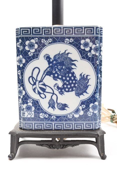 Vintage Chinese Blue and White Ceramic Table Lamps with Footed Metal Bases