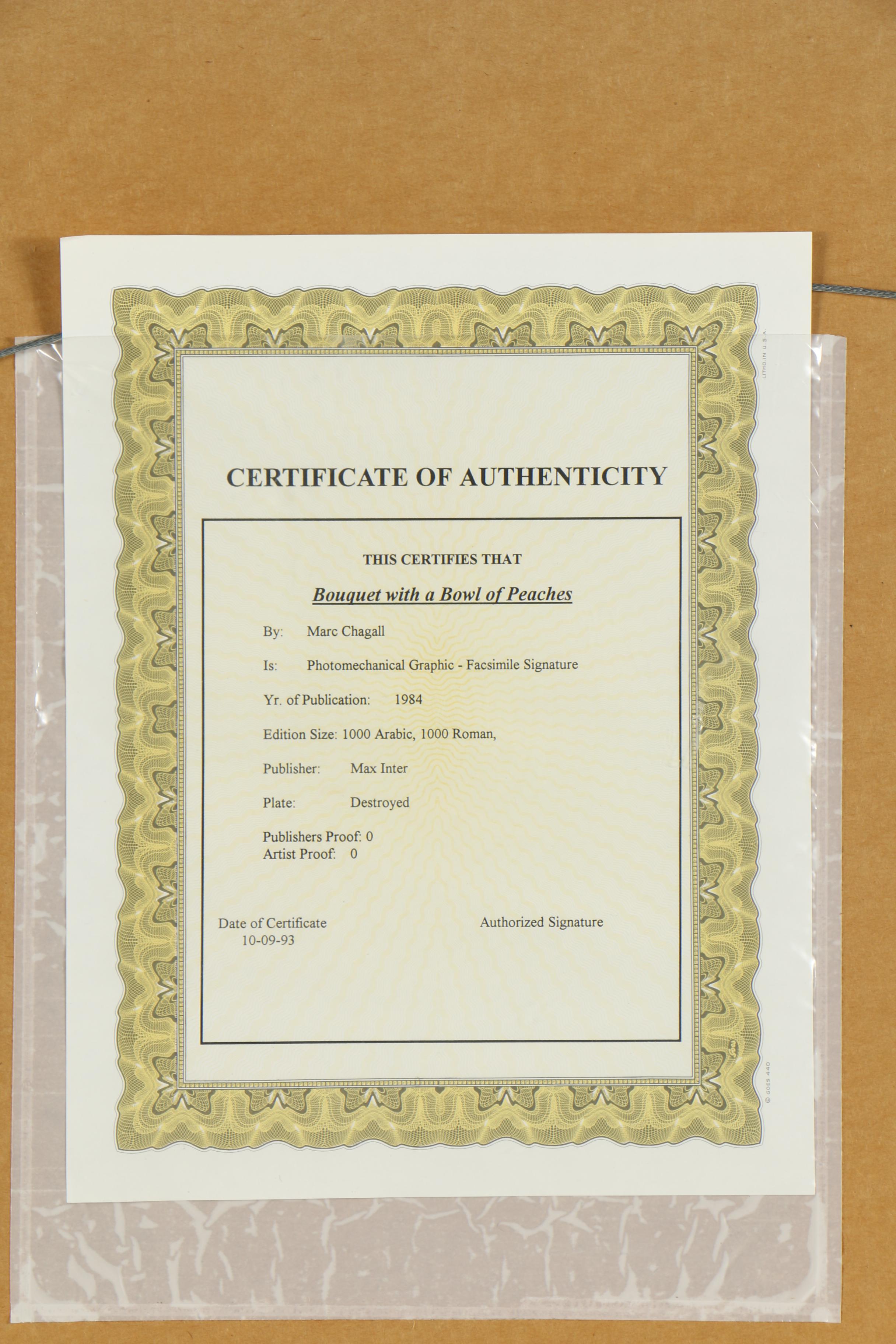 After Marc Chagall Offset Lithograph "Bouquet With A Bowl Of Peaches"