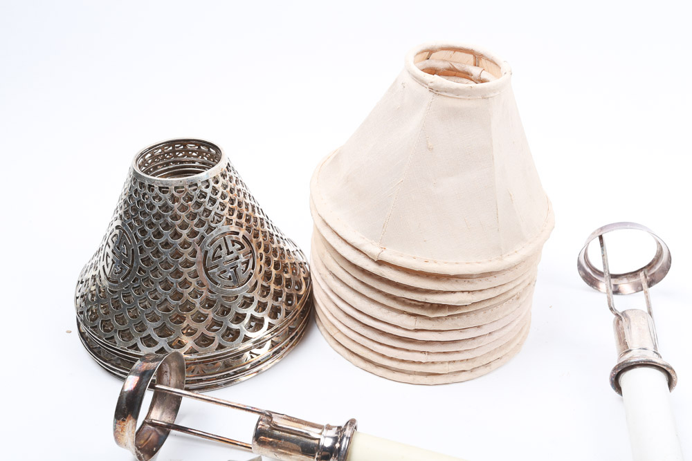 Silver Plate Faux Candlesticks with Shades