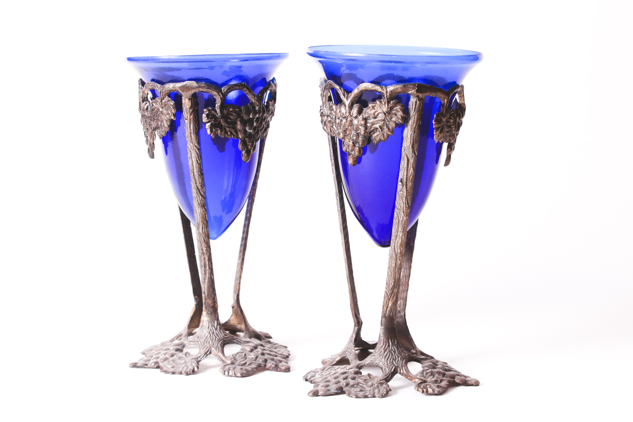 Cobalt Blue Glass and Metal Candle Holders