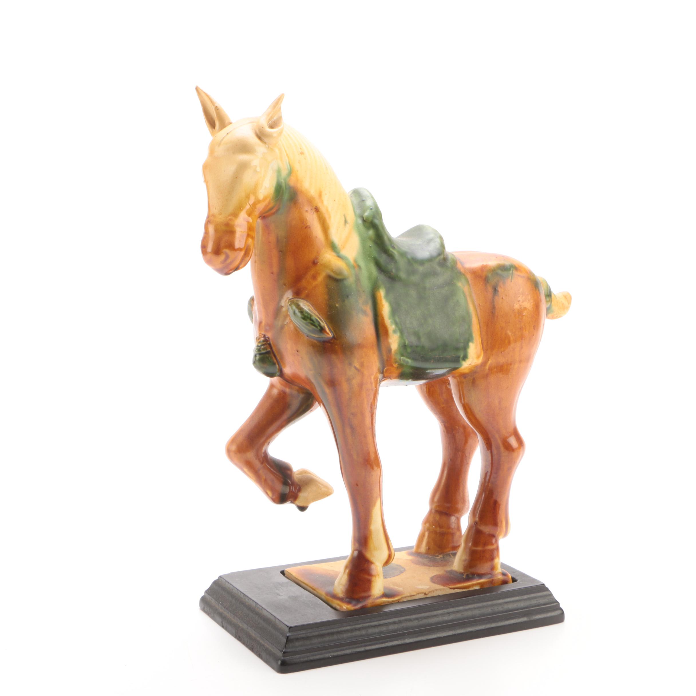 Decorative Ceramic Tang Style Horse Figurine with Wooden Stand