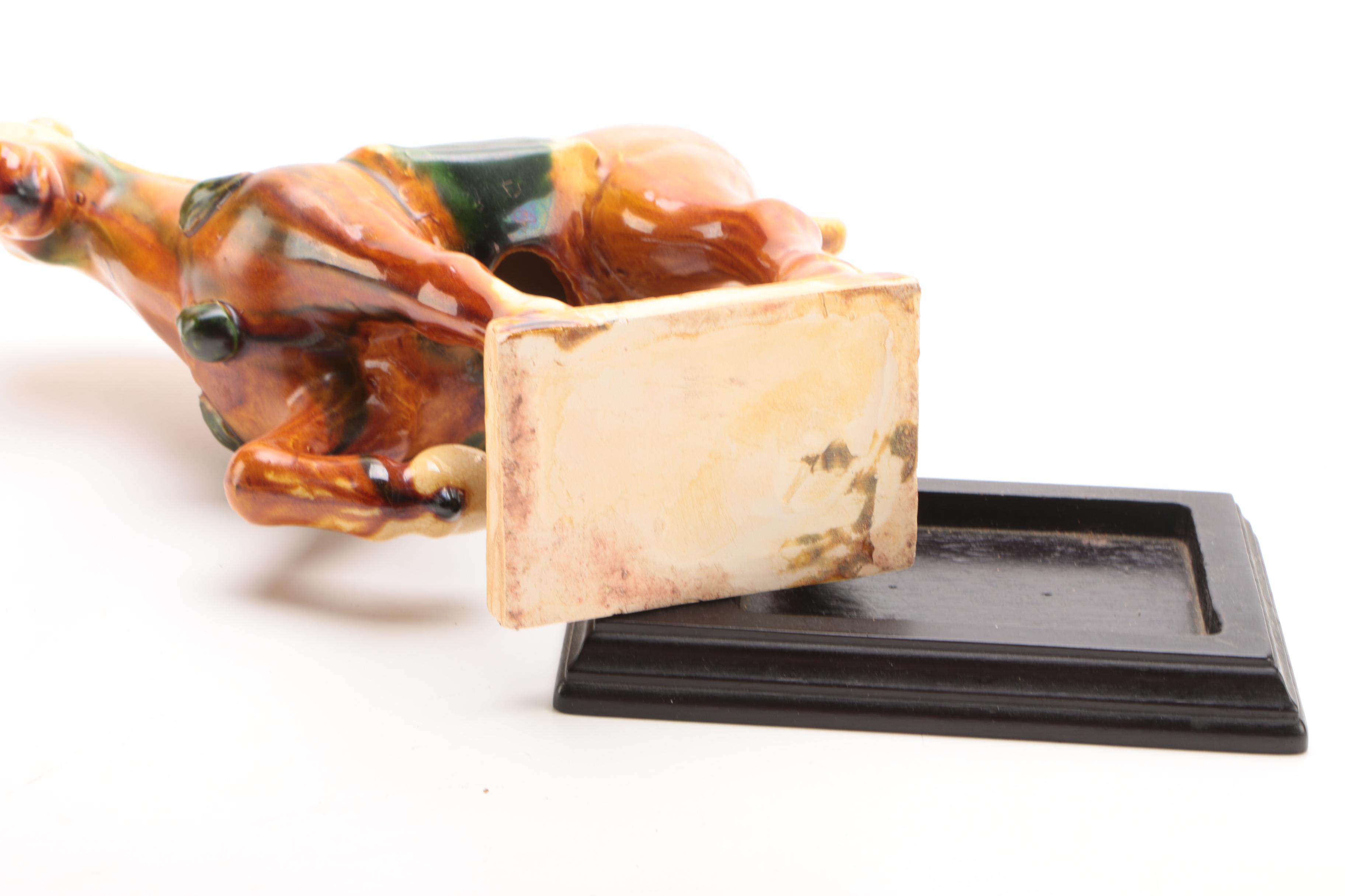 Decorative Ceramic Tang Style Horse Figurine with Wooden Stand