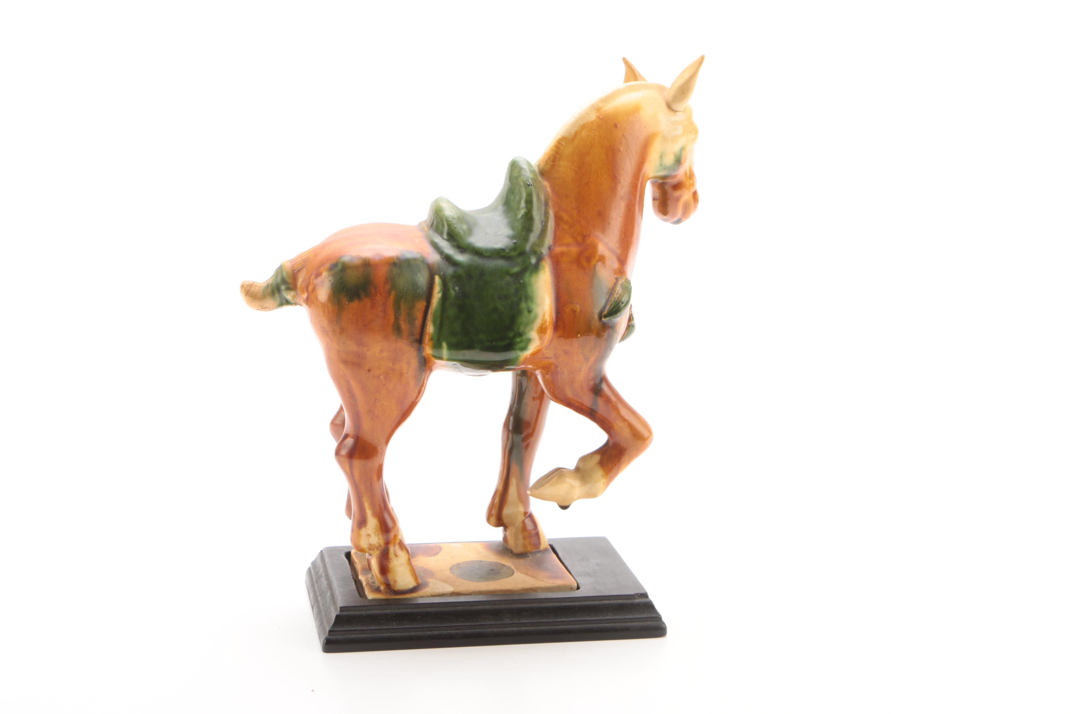 Decorative Ceramic Tang Style Horse Figurine with Wooden Stand