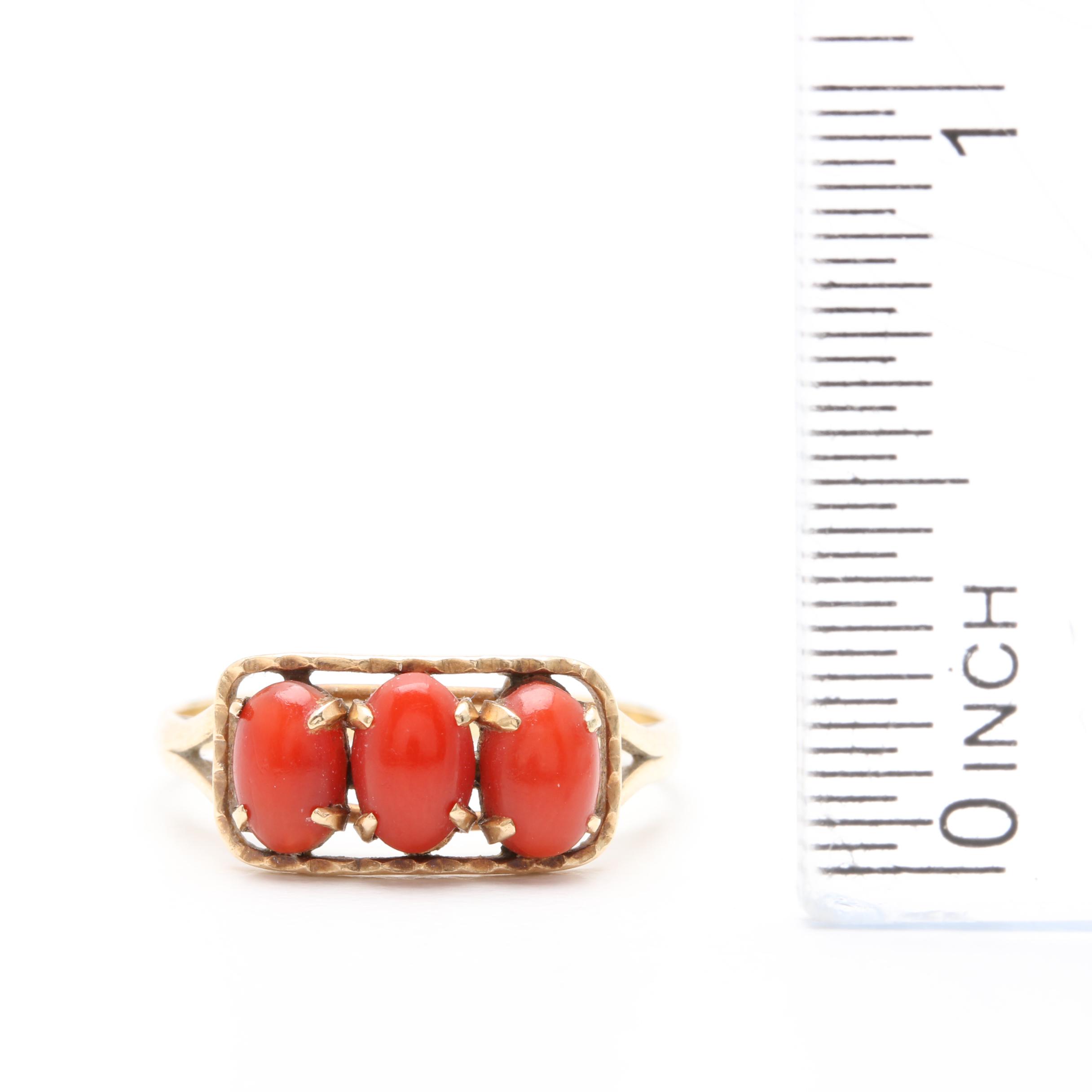 10K Yellow Gold Coral Three-Stone Ring