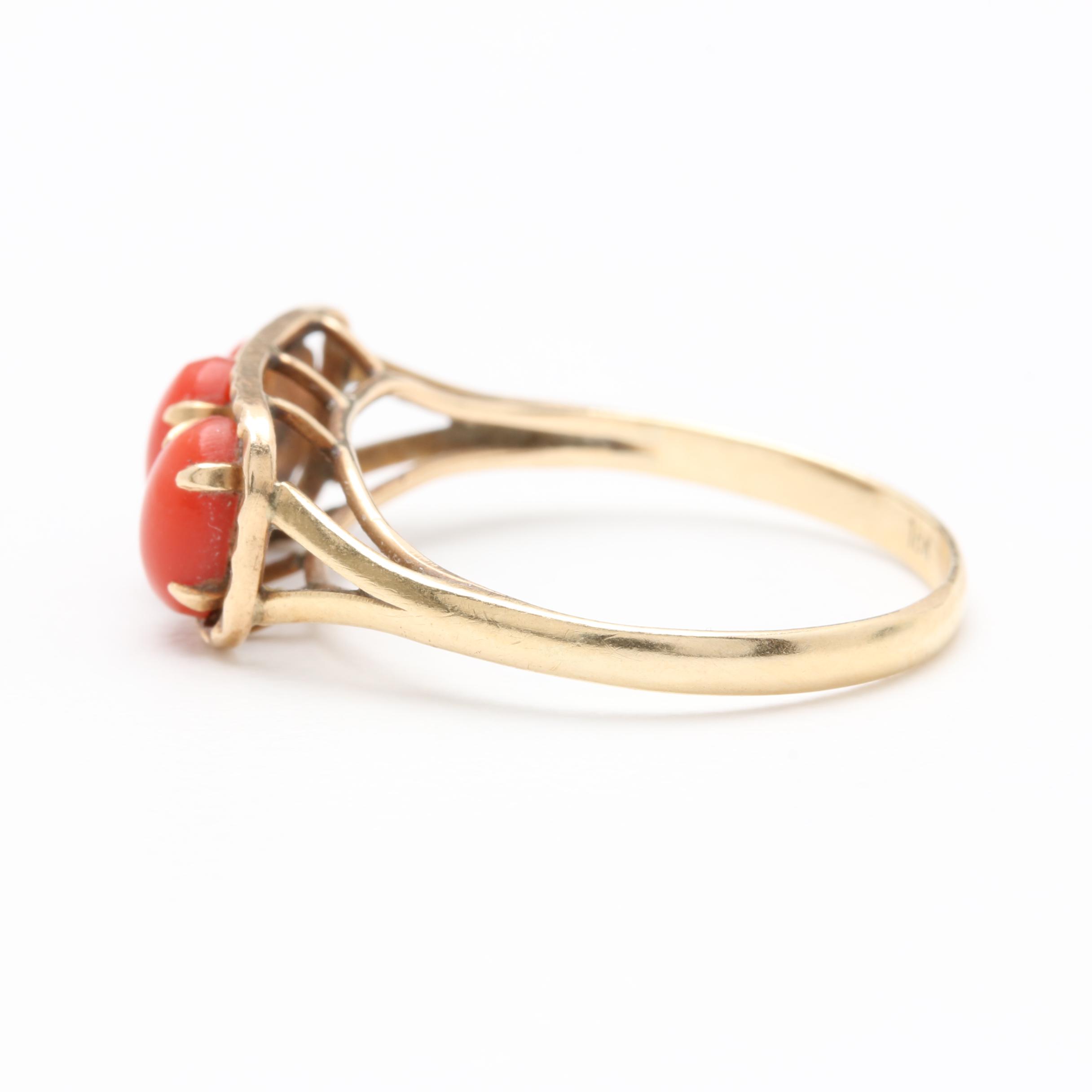 10K Yellow Gold Coral Three-Stone Ring