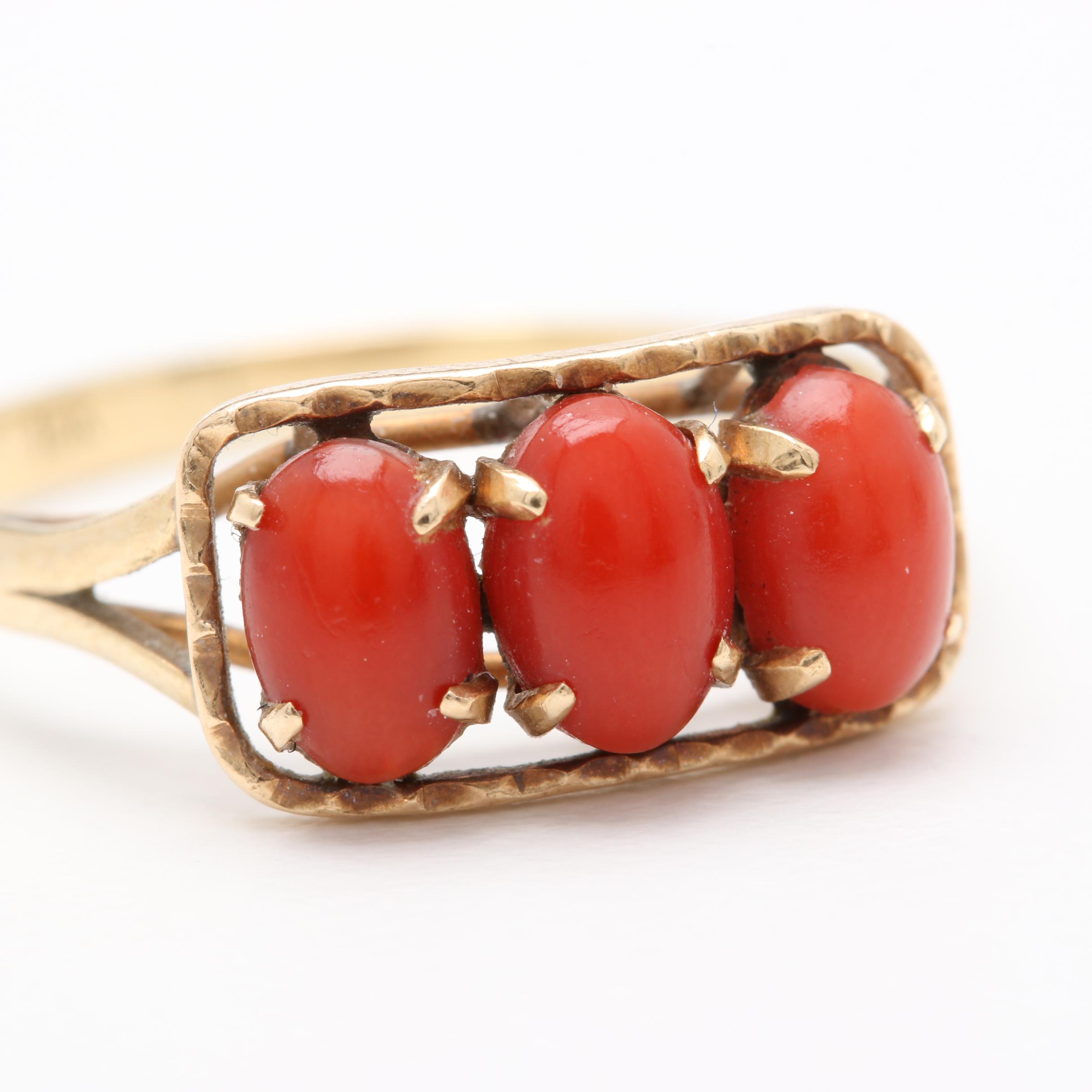 10K Yellow Gold Coral Three-Stone Ring