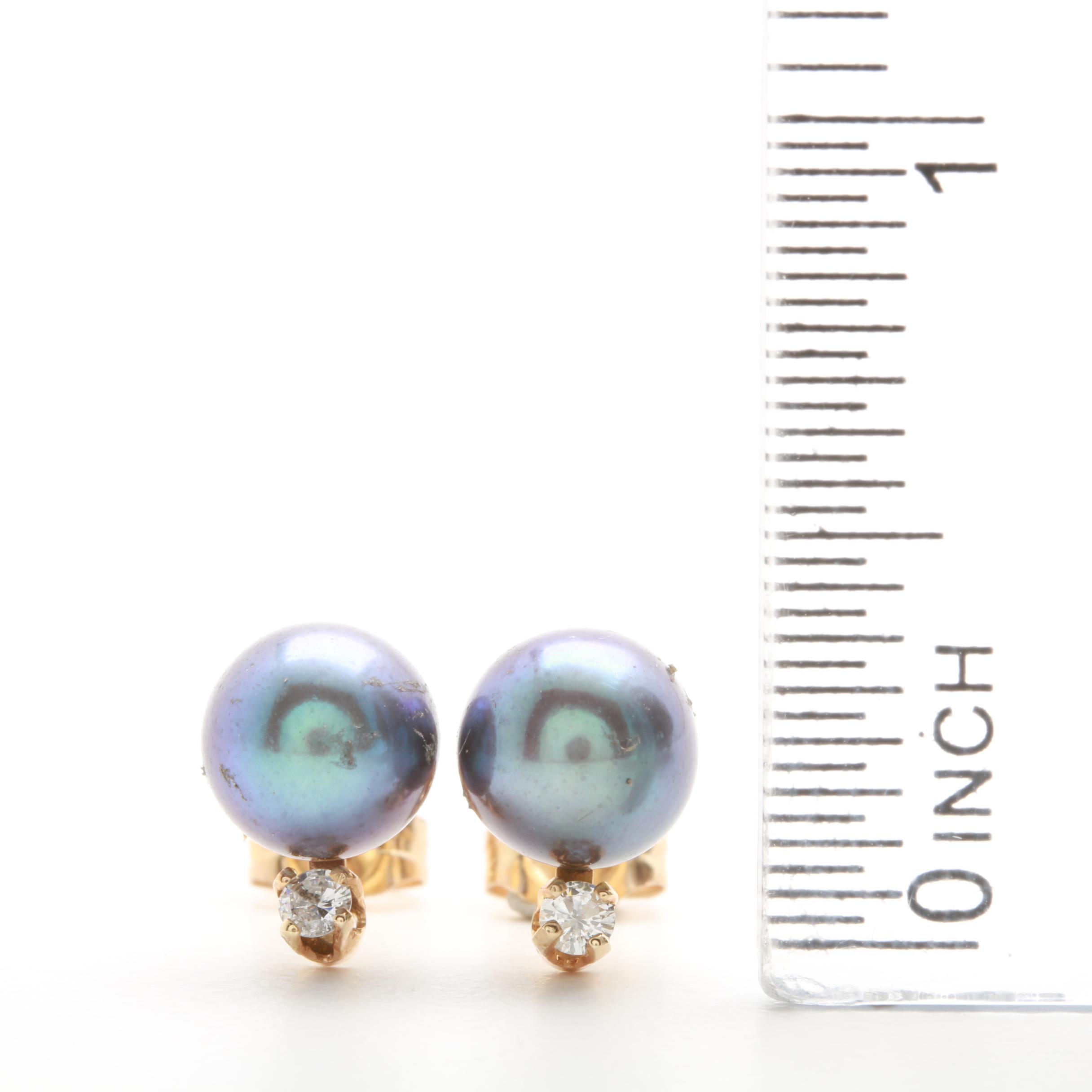 14K Yellow Gold Cultured Pearl Studs with Diamond Accents