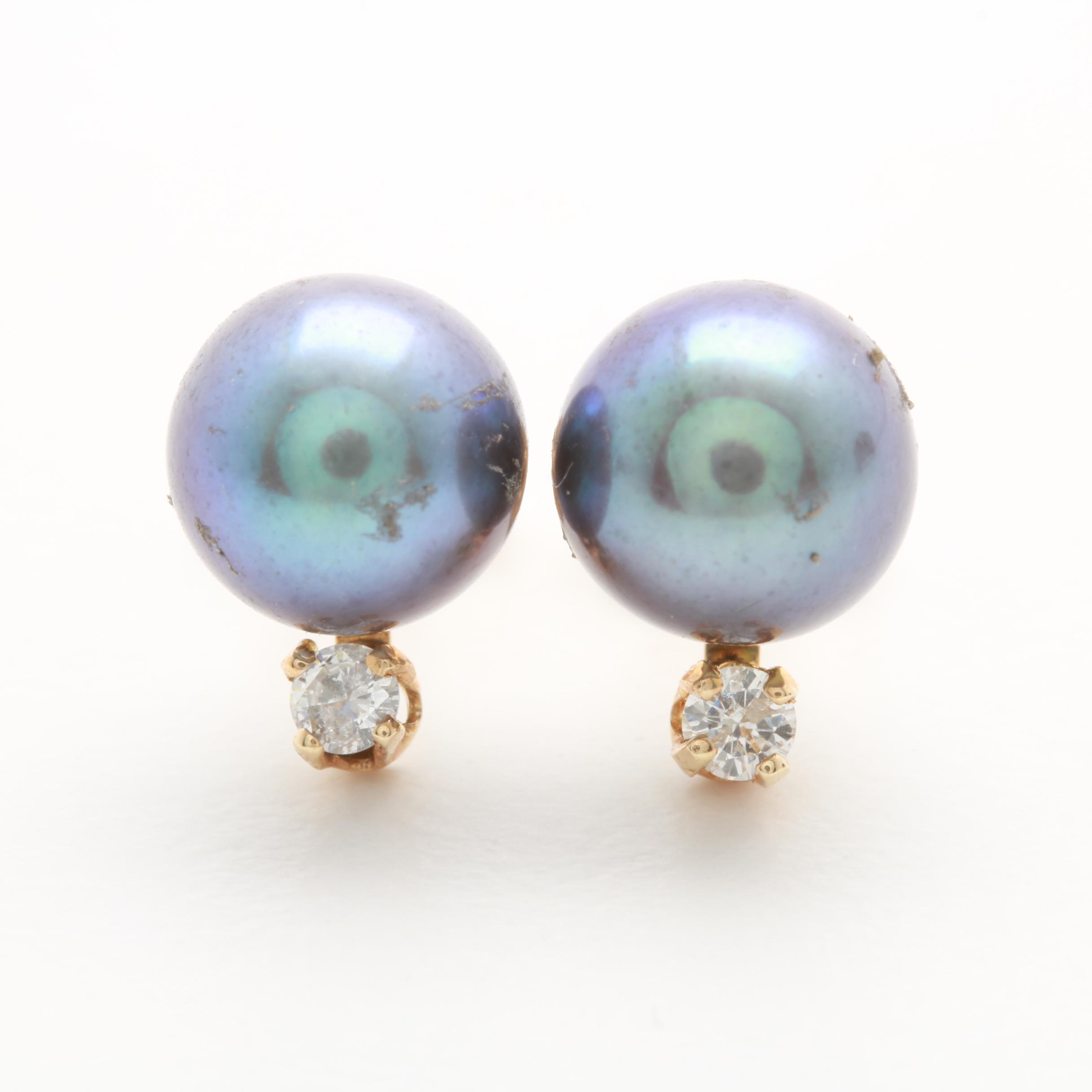 14K Yellow Gold Cultured Pearl Studs with Diamond Accents