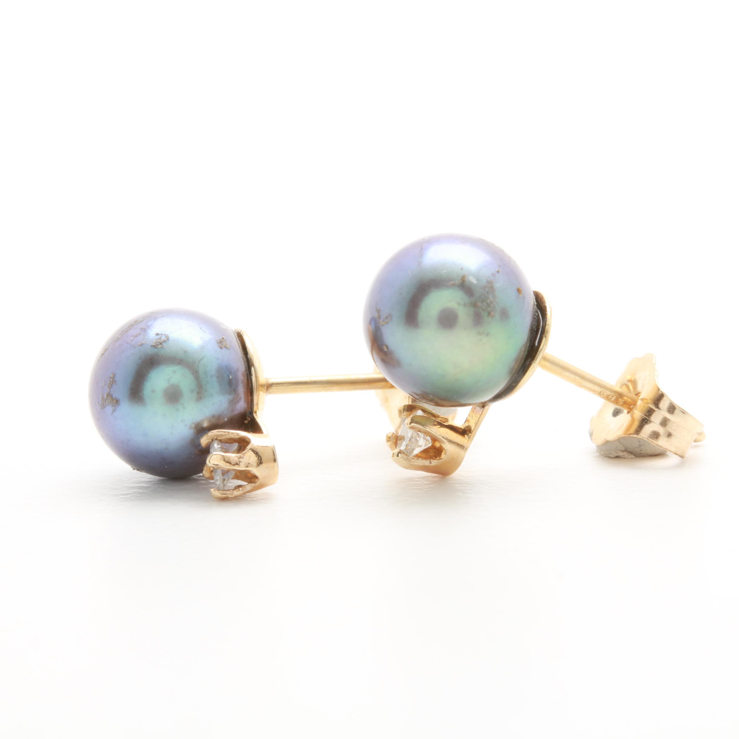 14K Yellow Gold Cultured Pearl Studs with Diamond Accents