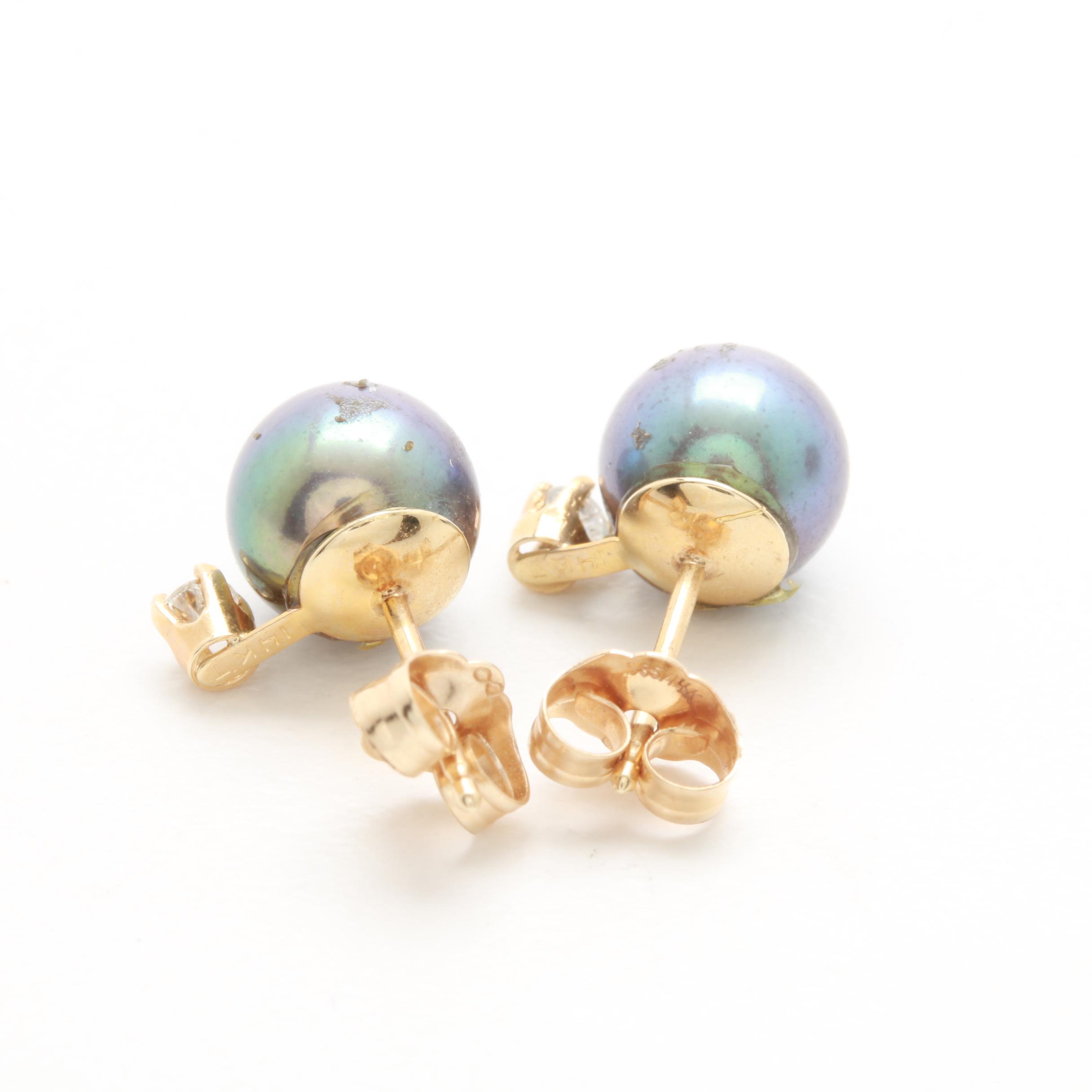 14K Yellow Gold Cultured Pearl Studs with Diamond Accents