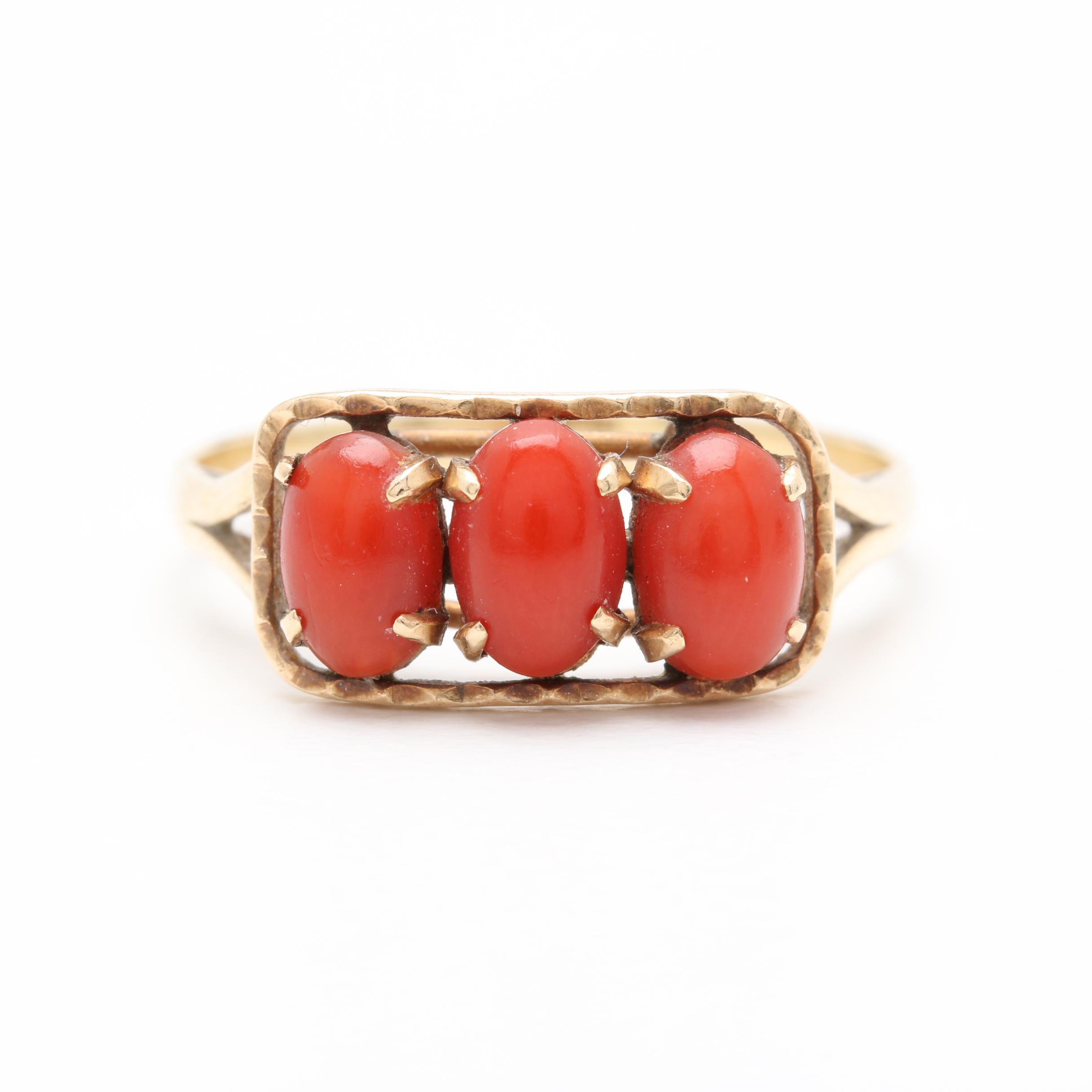 10K Yellow Gold Coral Three-Stone Ring