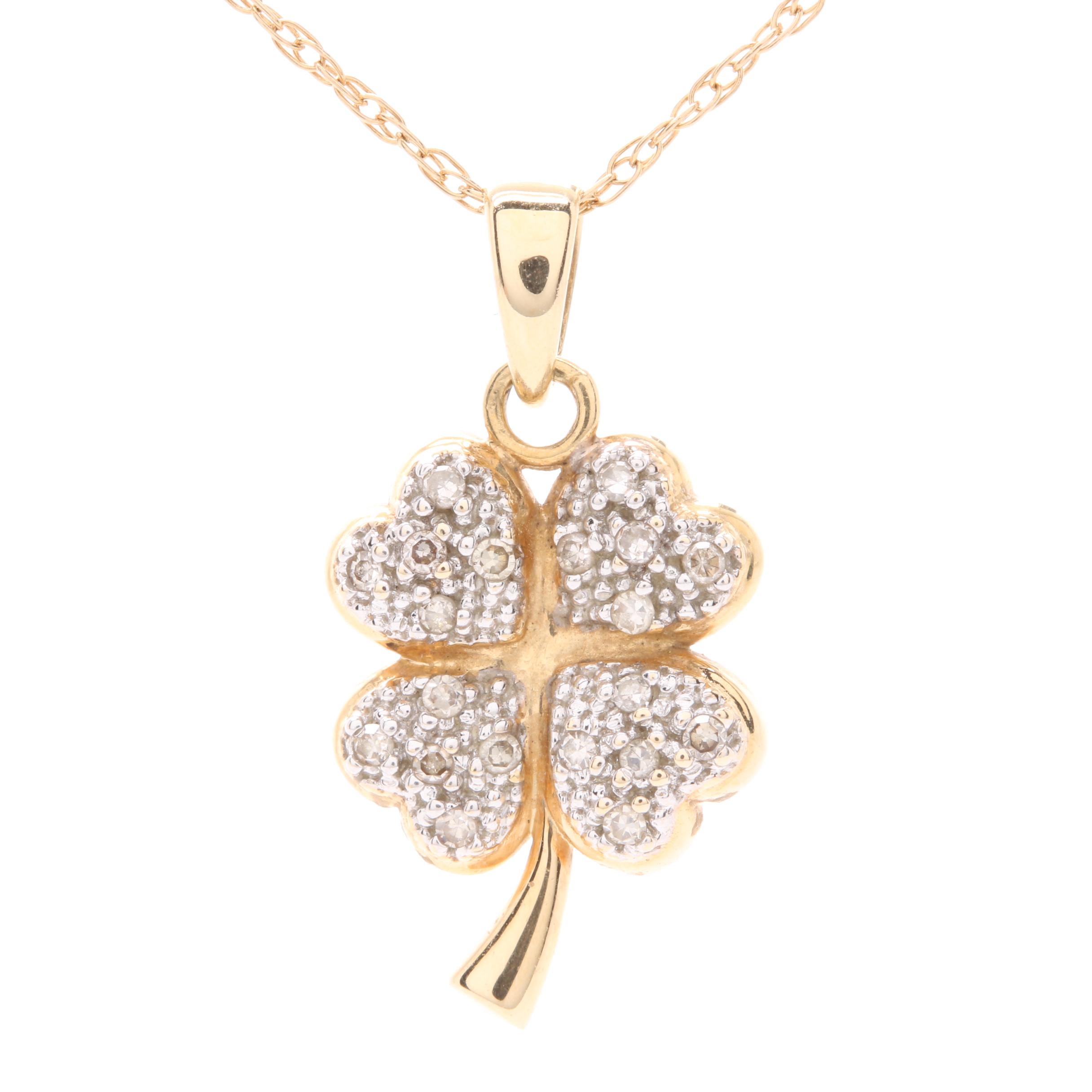 14K Yellow Gold Diamond Four Leaf Clover Necklace