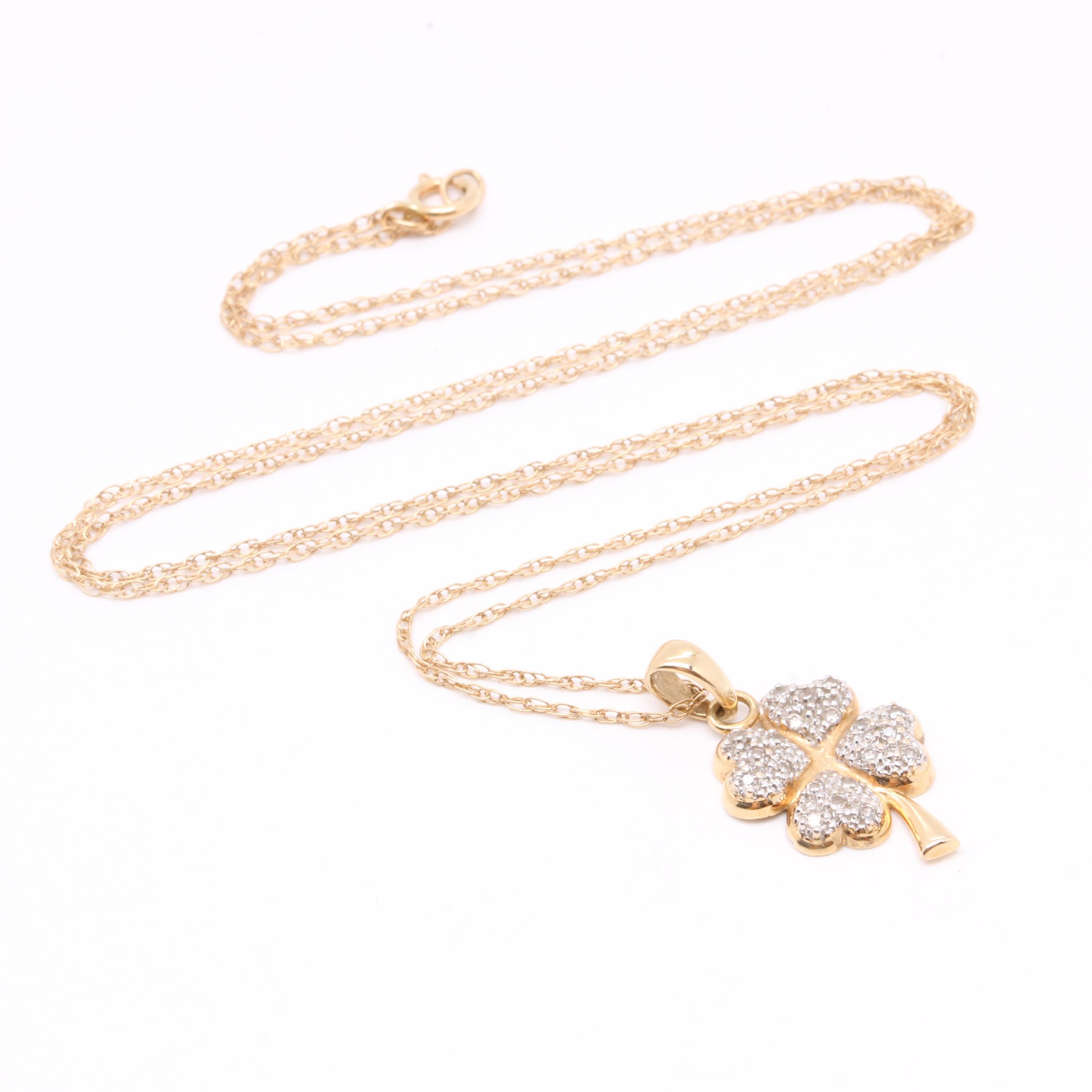 14K Yellow Gold Diamond Four Leaf Clover Necklace