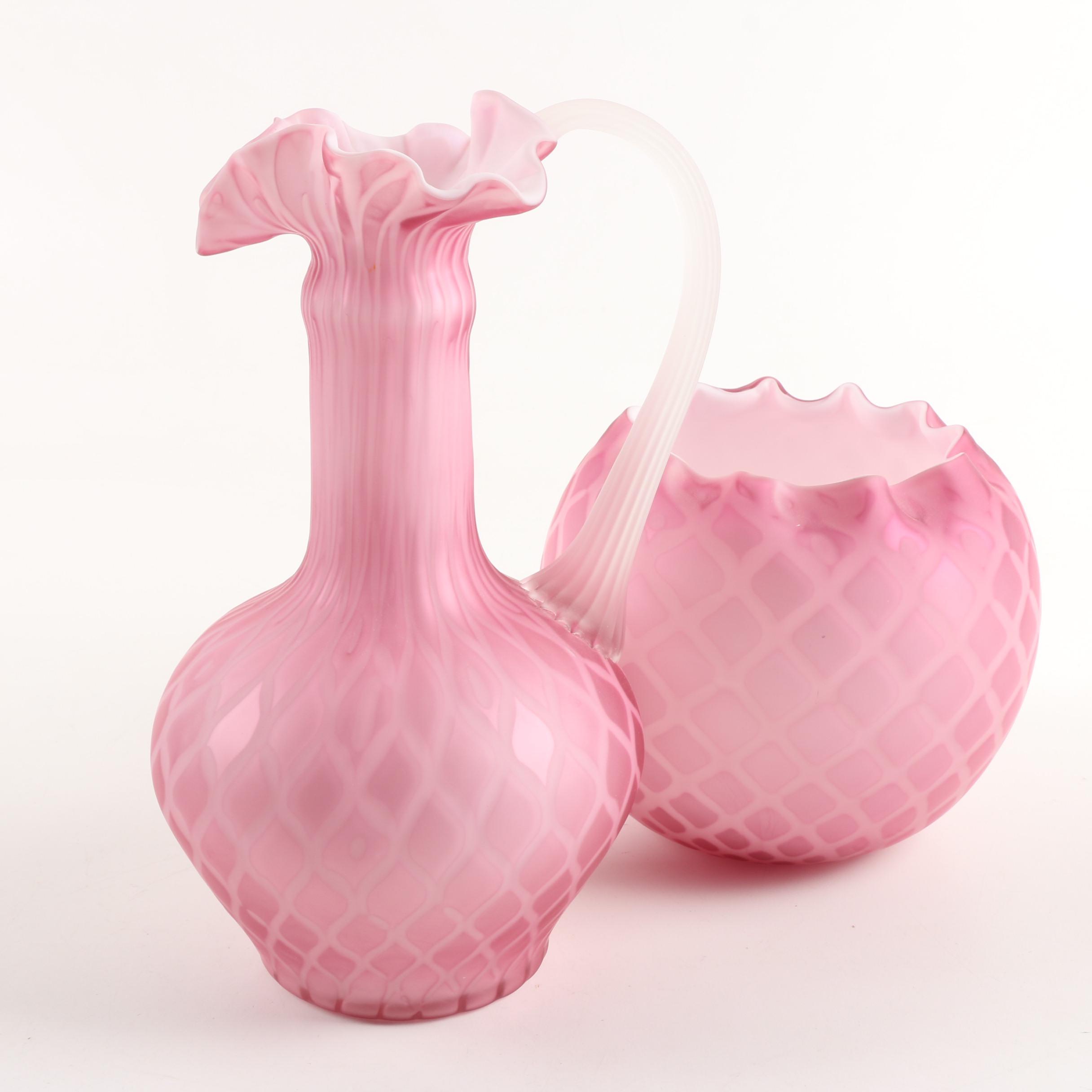 Mount Washington Pink Cased Glass Pitcher and Rose Bowl