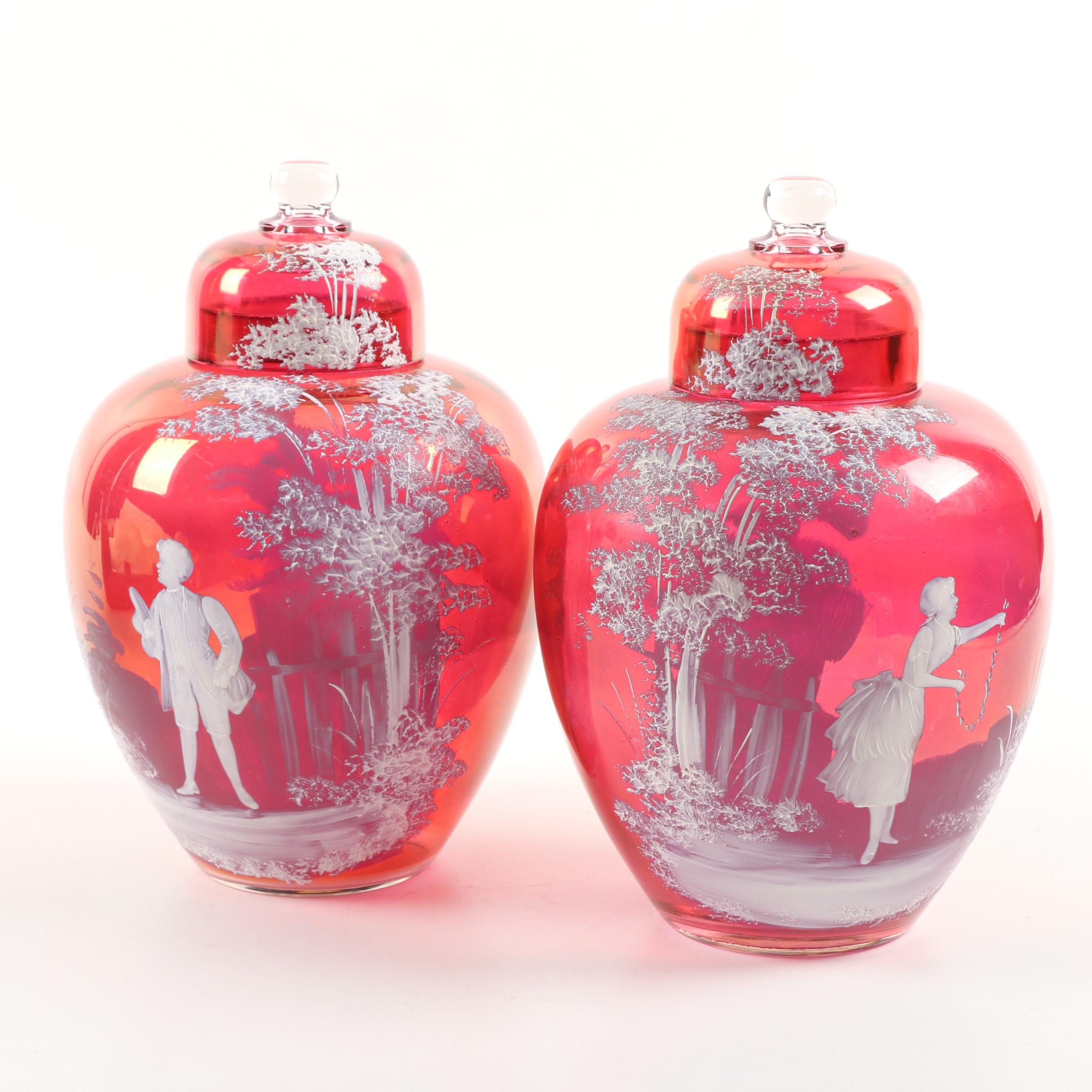Mary Gregory Style Cranberry Flash Glass Covered Ginger Jars
