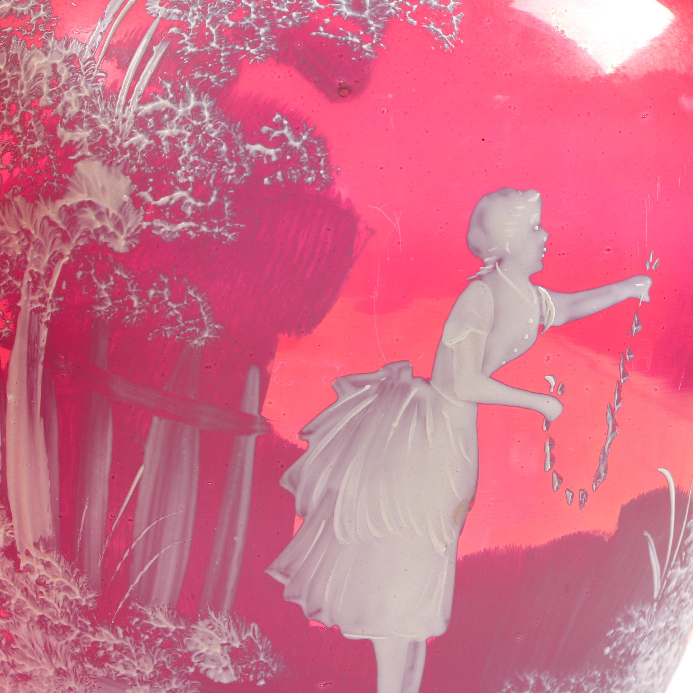 Mary Gregory Style Cranberry Flash Glass Covered Ginger Jars