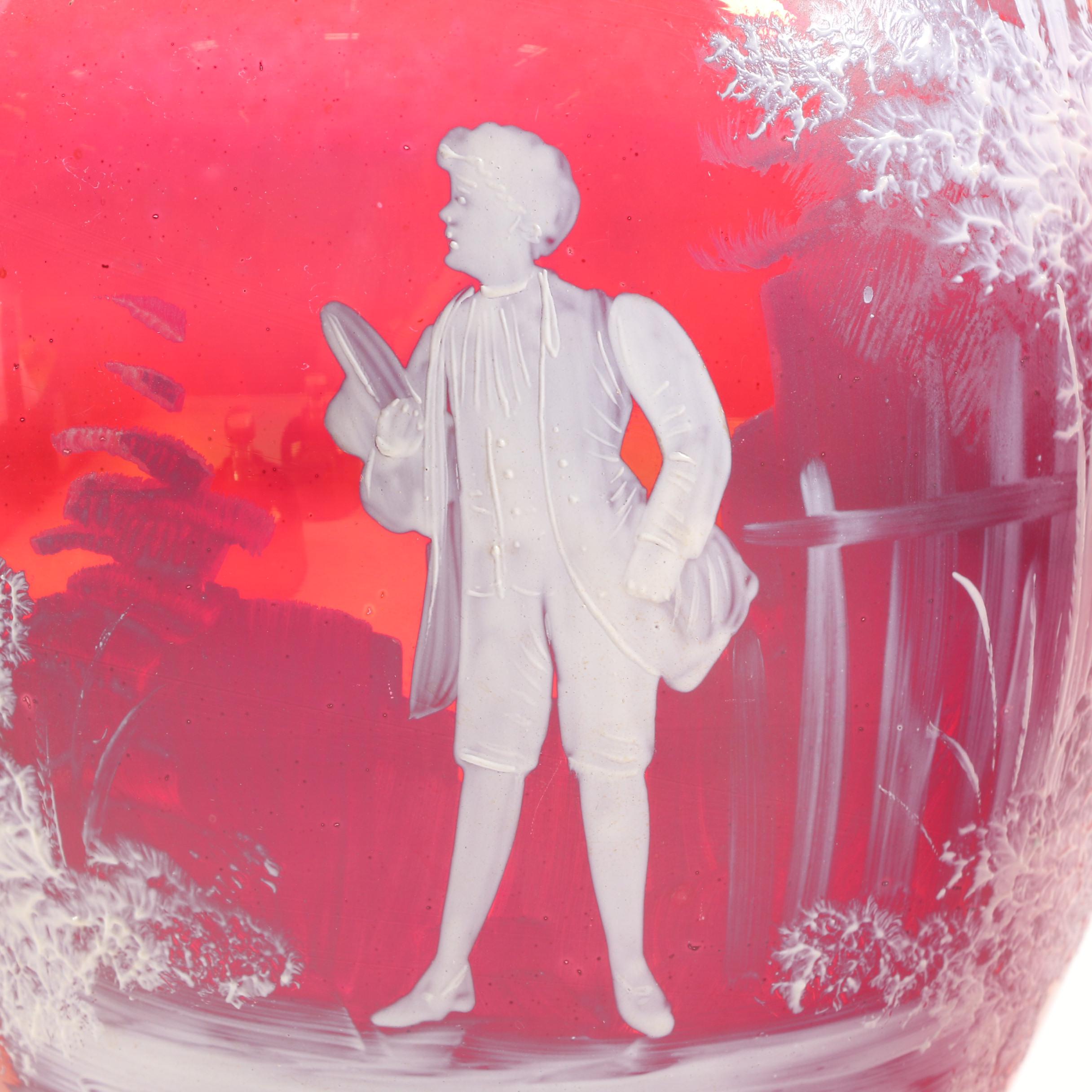 Mary Gregory Style Cranberry Flash Glass Covered Ginger Jars