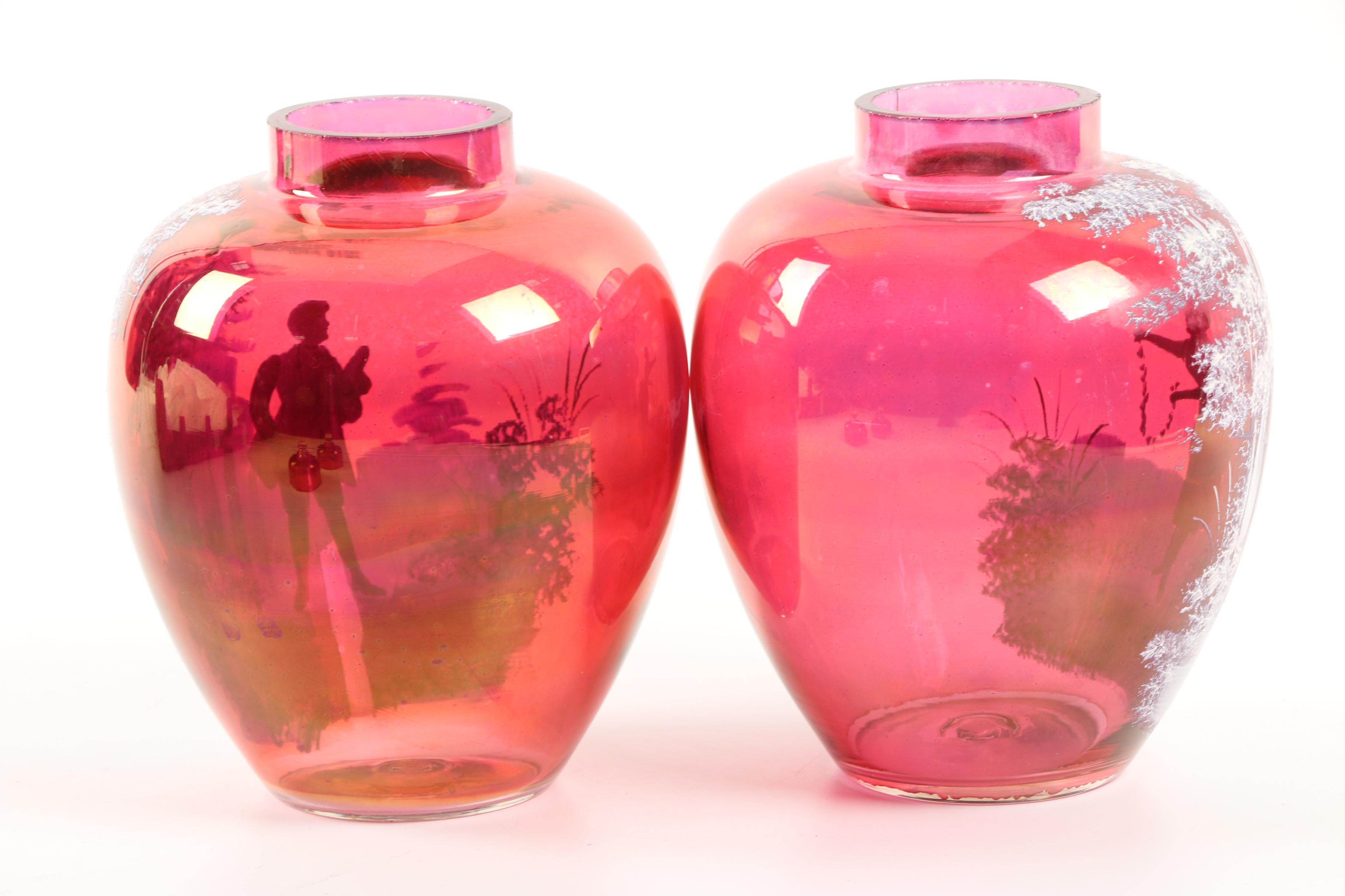 Mary Gregory Style Cranberry Flash Glass Covered Ginger Jars