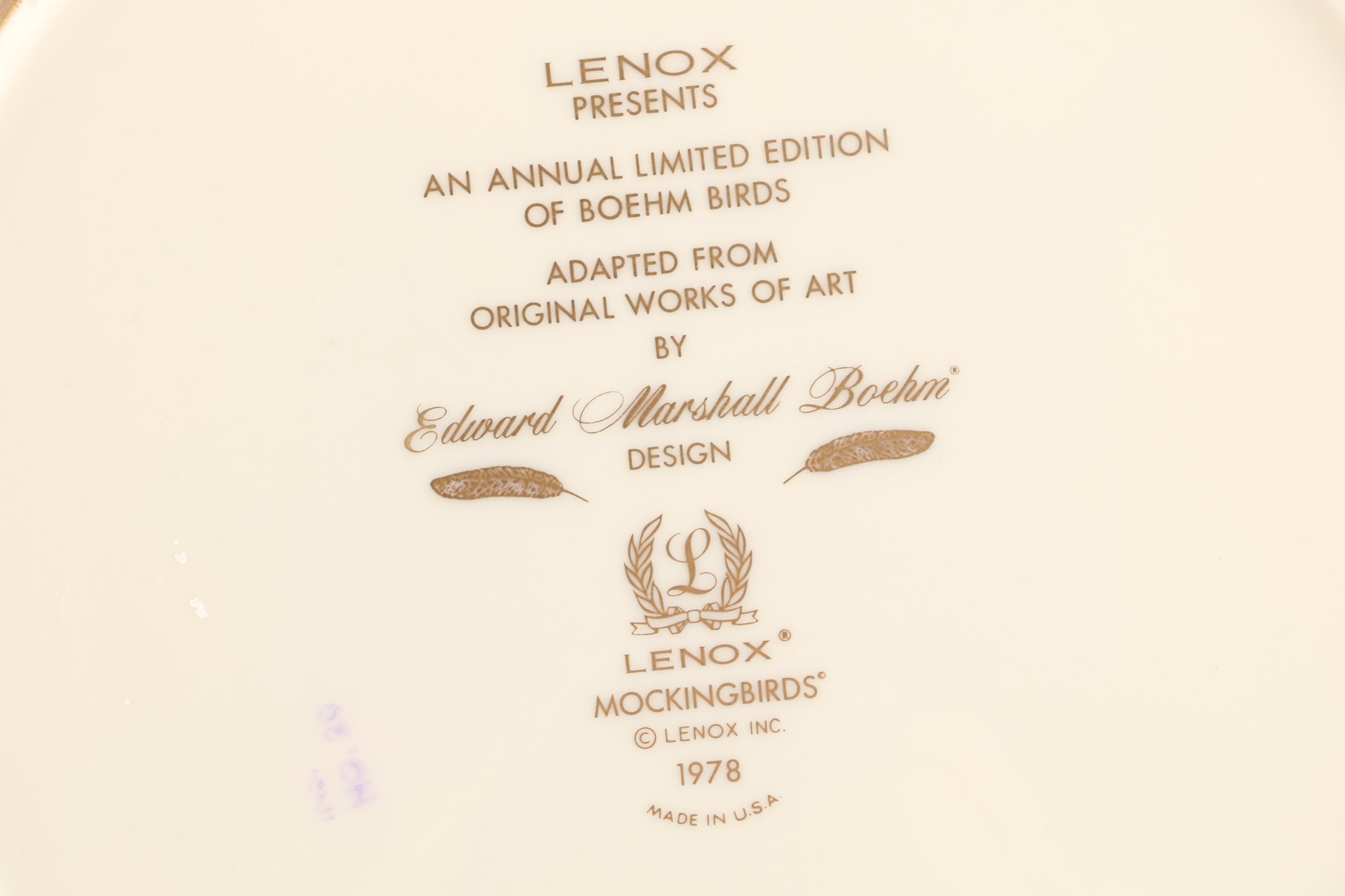 1978 Lenox Limited Edition "Boehm Birds" Porcelain Mockingbirds Plate