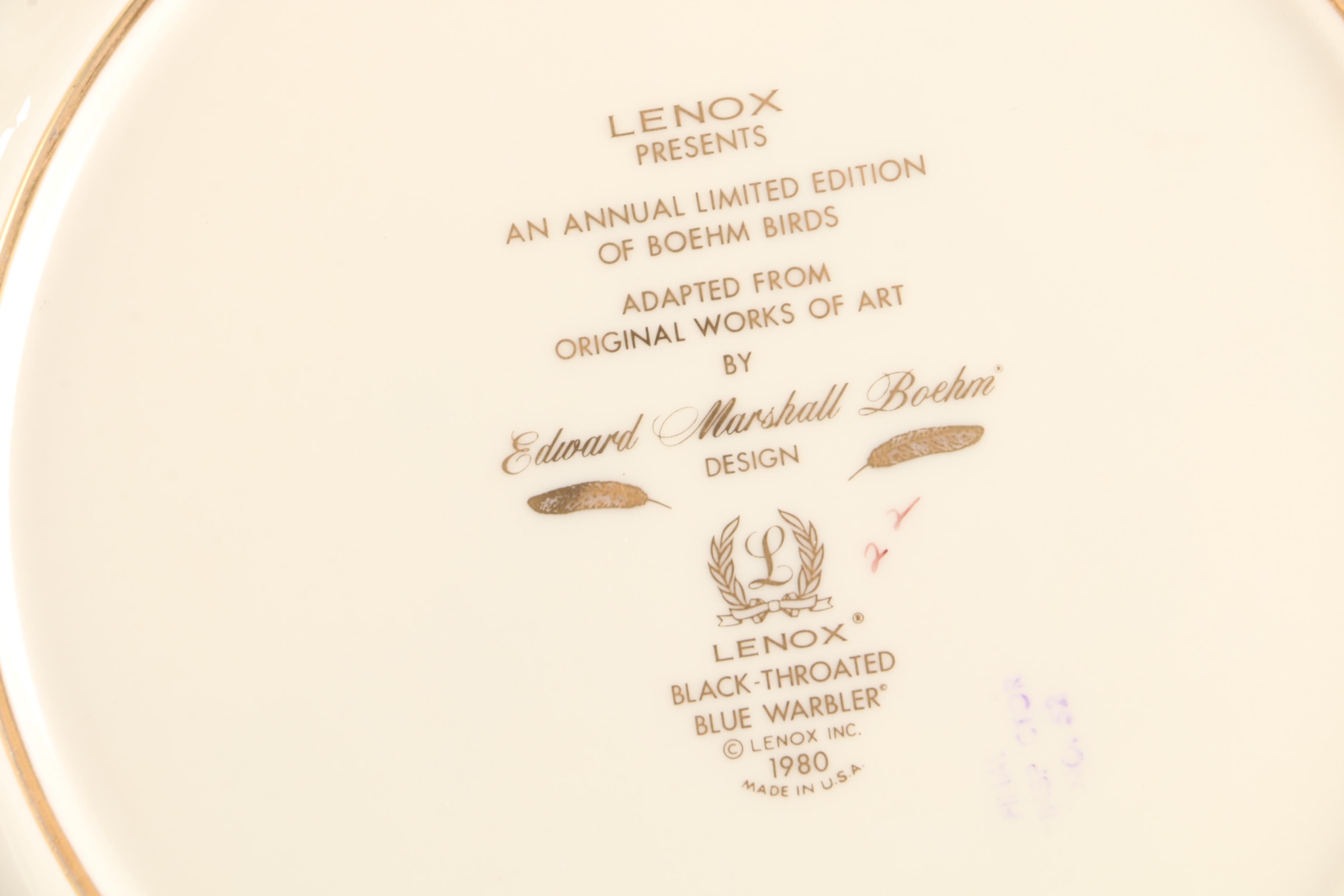 1980 Lenox "Boehm Birds" Porcelain Black-Throated Blue Warblers Plate