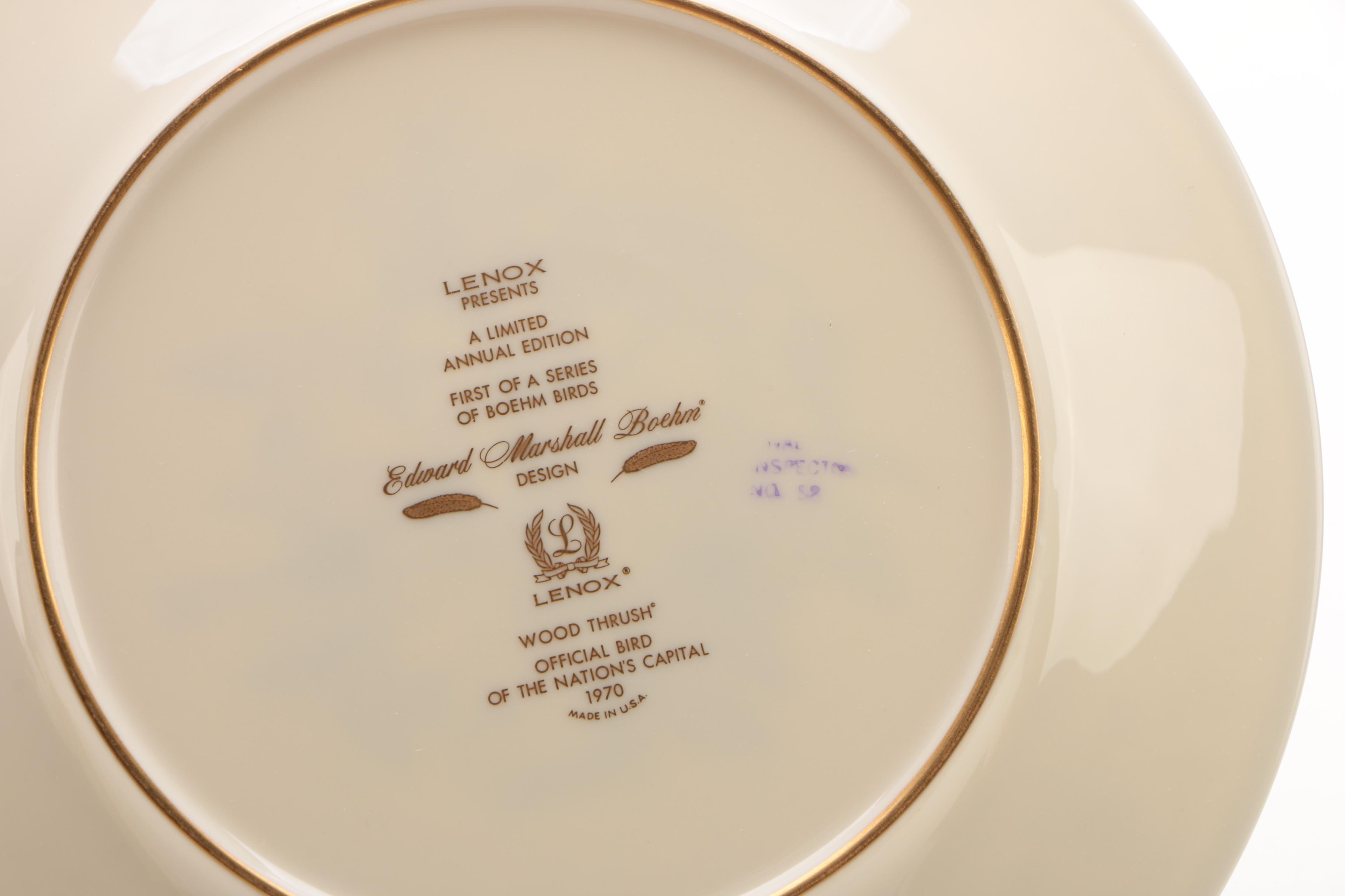 1970 Lenox Limited Edition "Boehm Birds" Porcelain Wood Thrush Plate
