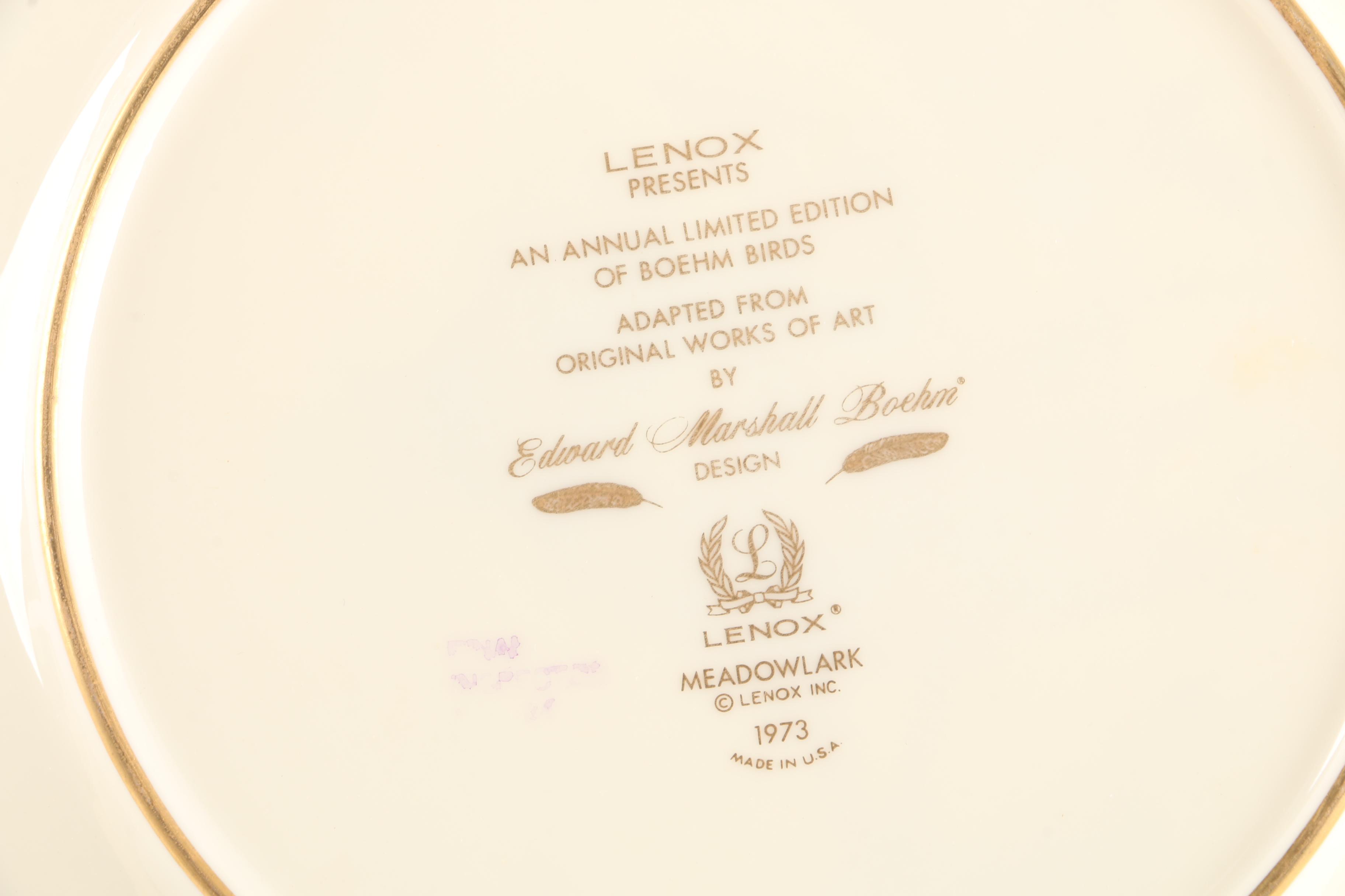 1973 Lenox "Boehm Birds" Porcelain Meadowlark Plate