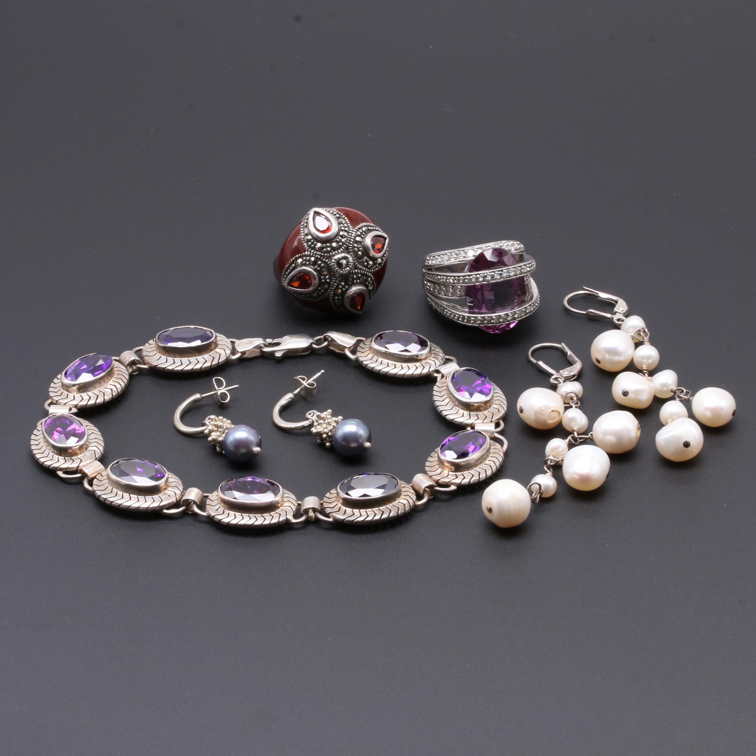 Assorted Sterling Silver Jewelry Featuring Garnet and Cultured Pearl