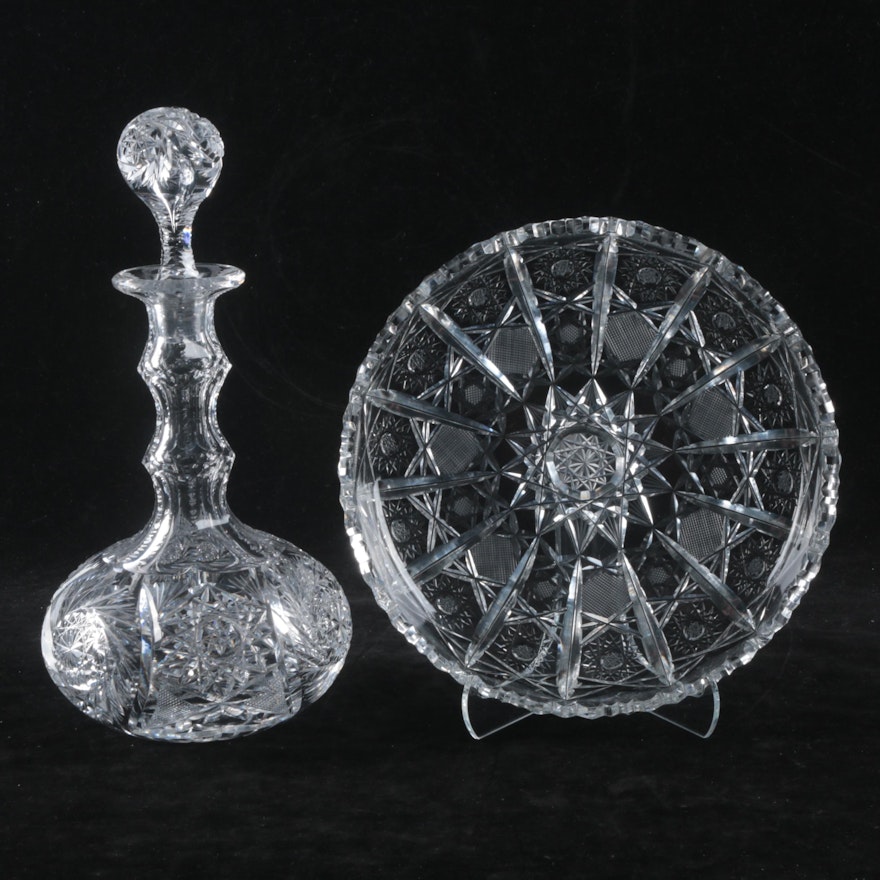 Antique American Brilliant Period Cut Glass Decanter with Cut Glass Bowl
