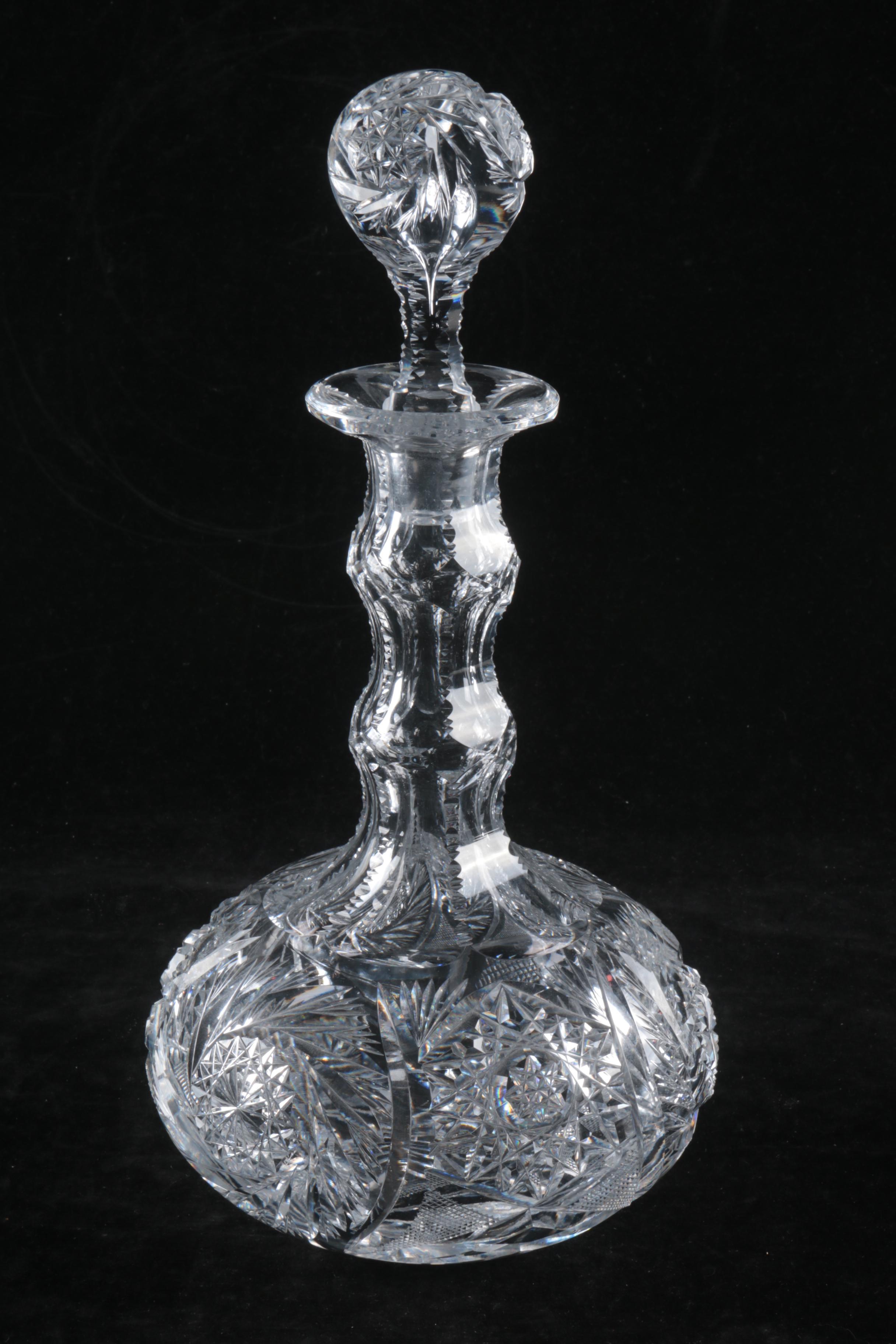 Antique American Brilliant Period Cut Glass Decanter with Cut Glass Bowl