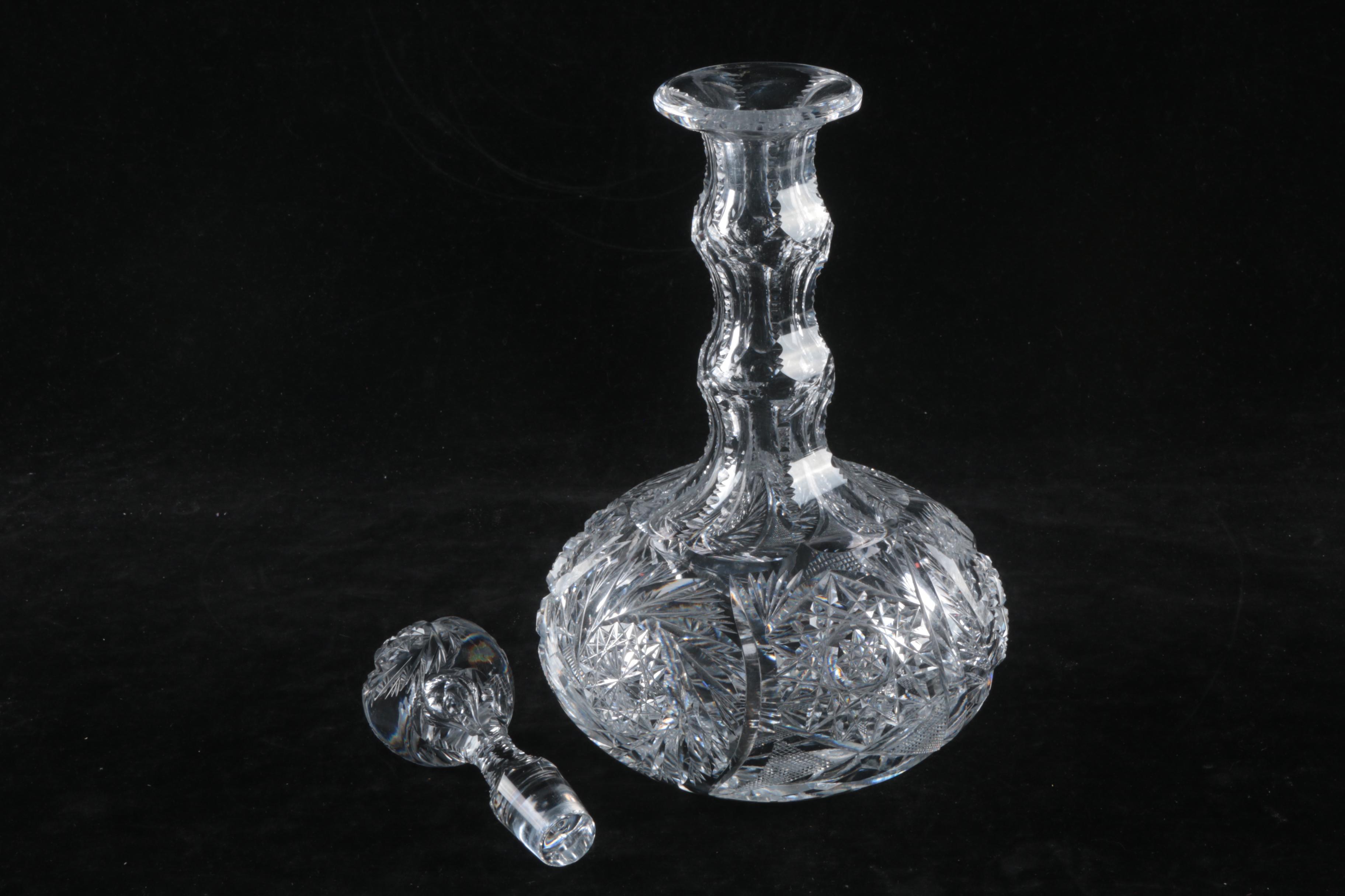 Antique American Brilliant Period Cut Glass Decanter with Cut Glass Bowl