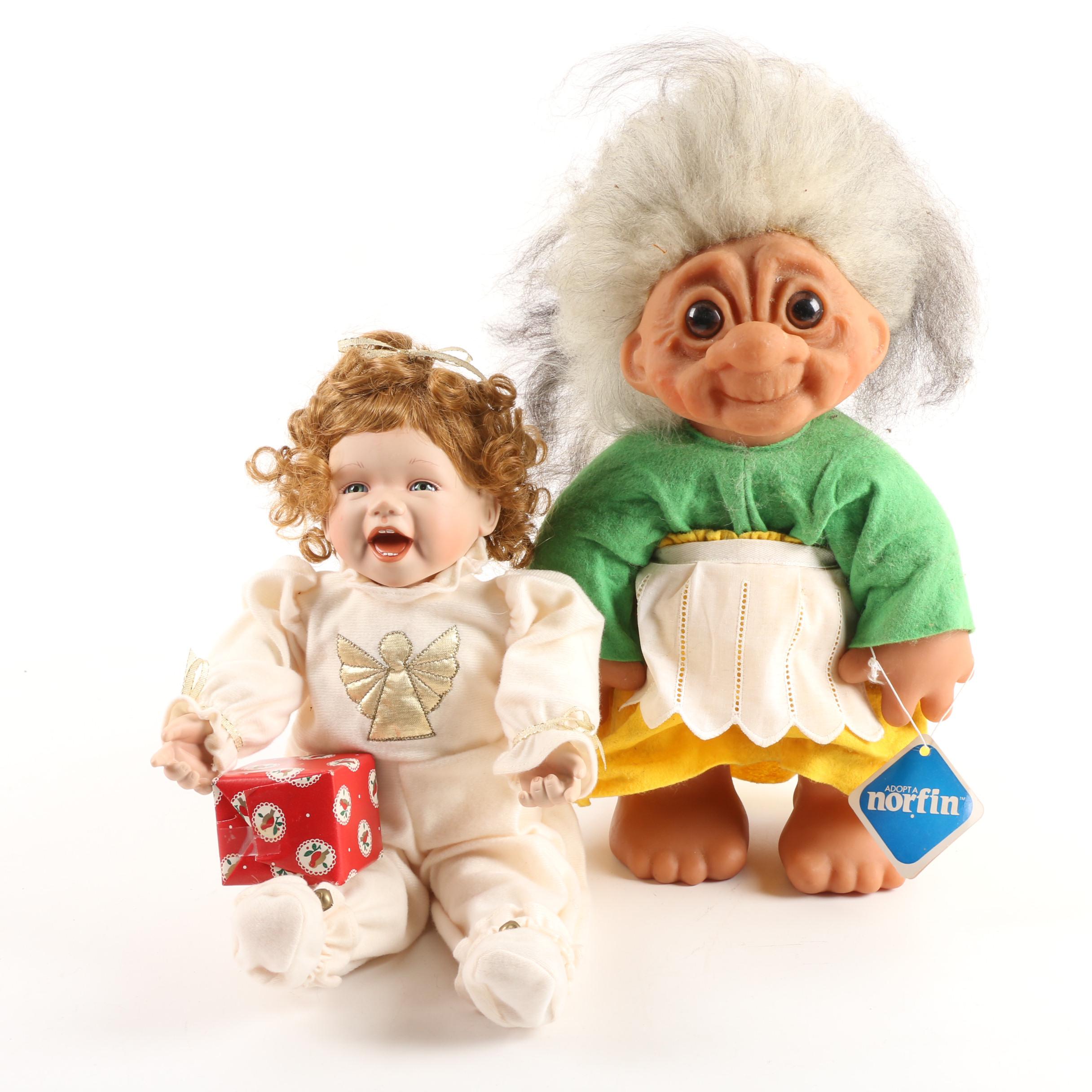 Ashton-Drake "My First Christmas" Porcelain Doll and Norfin "Grandma" Troll