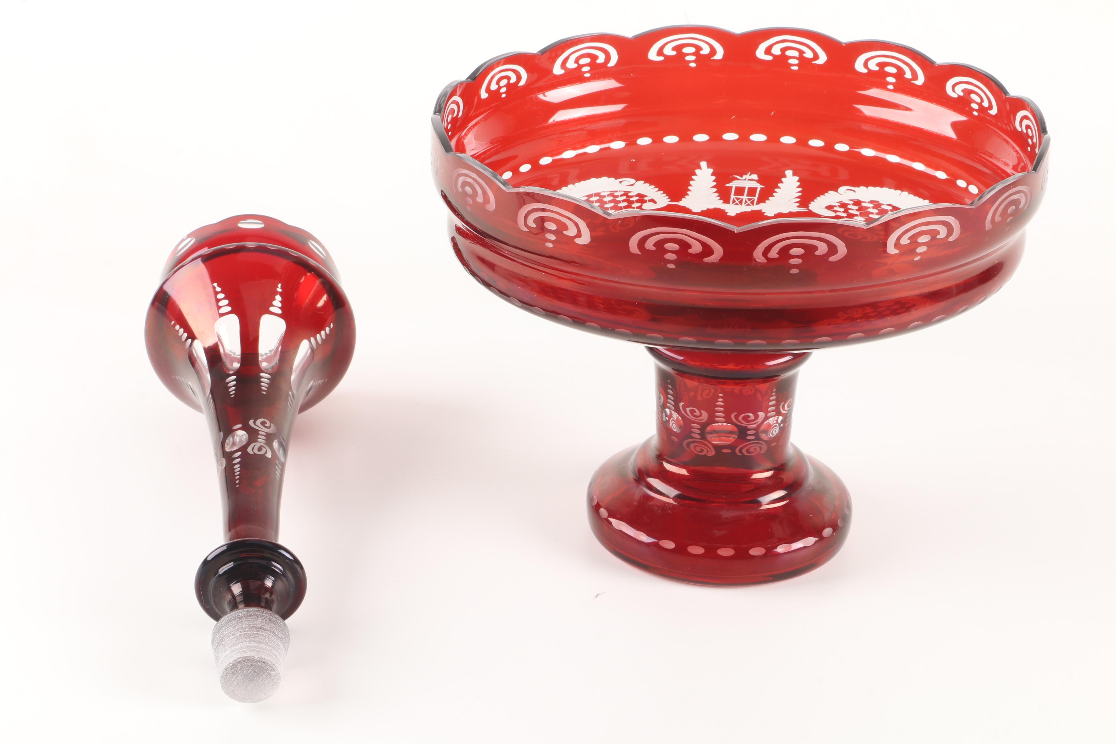 Egermann Bohemian Engraved Ruby Flashed Glass Epergne