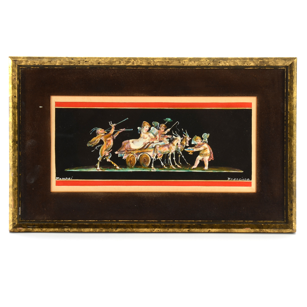 Antonio Francione Vintage Watercolor Painting after Pompeii Fresco "Bacchus"