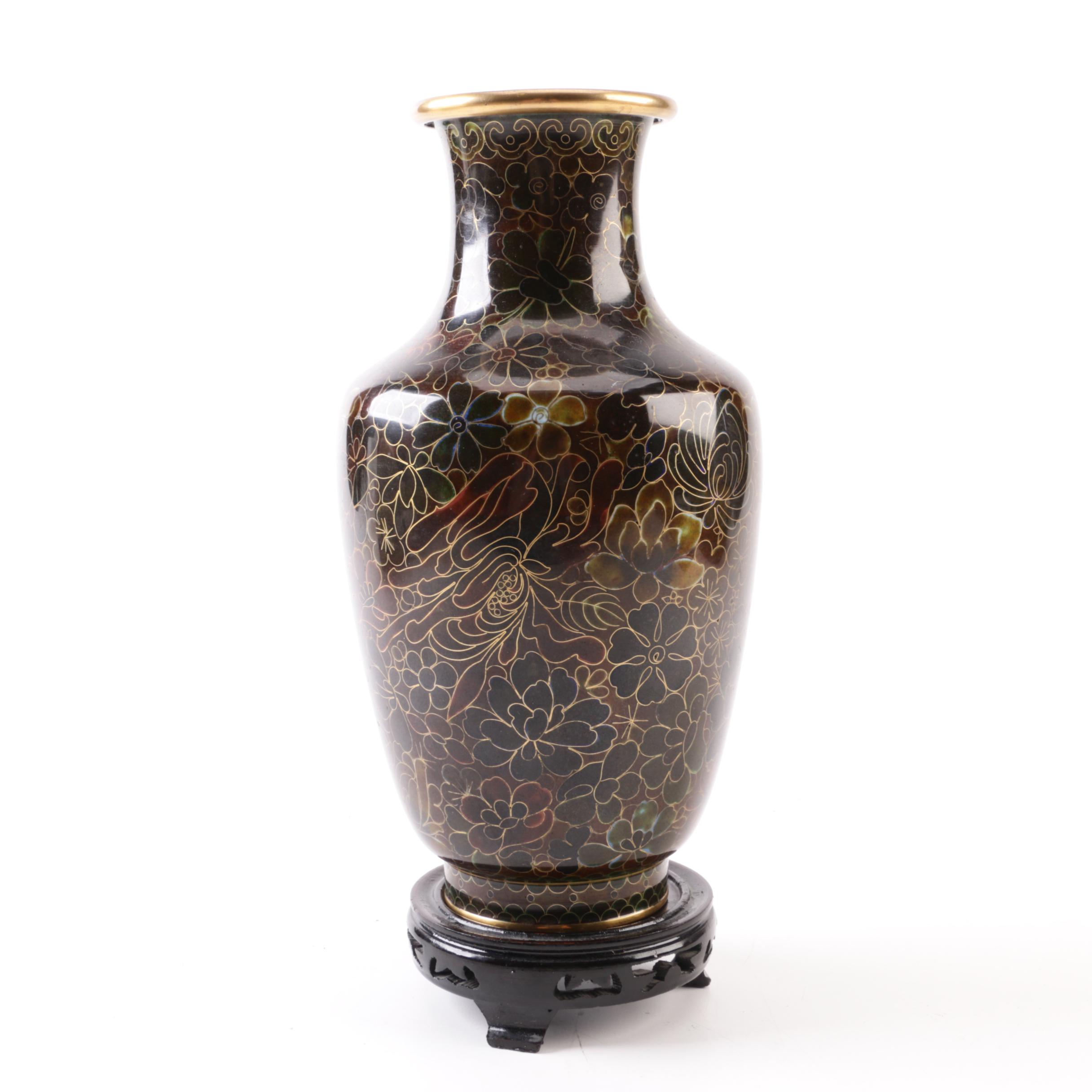 Chinese Cloisonné Vase with Wooden Stand
