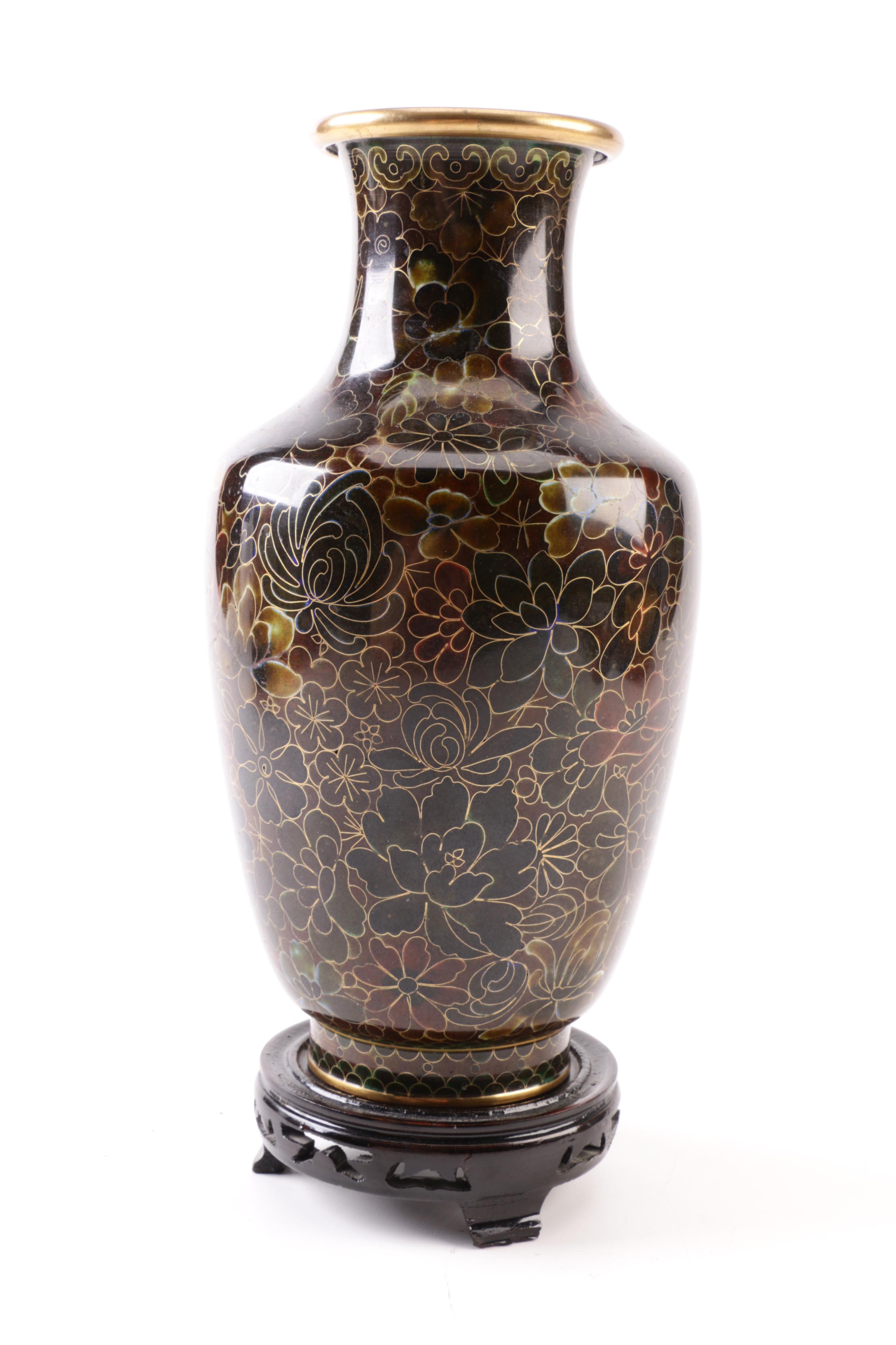 Chinese Cloisonné Vase with Wooden Stand