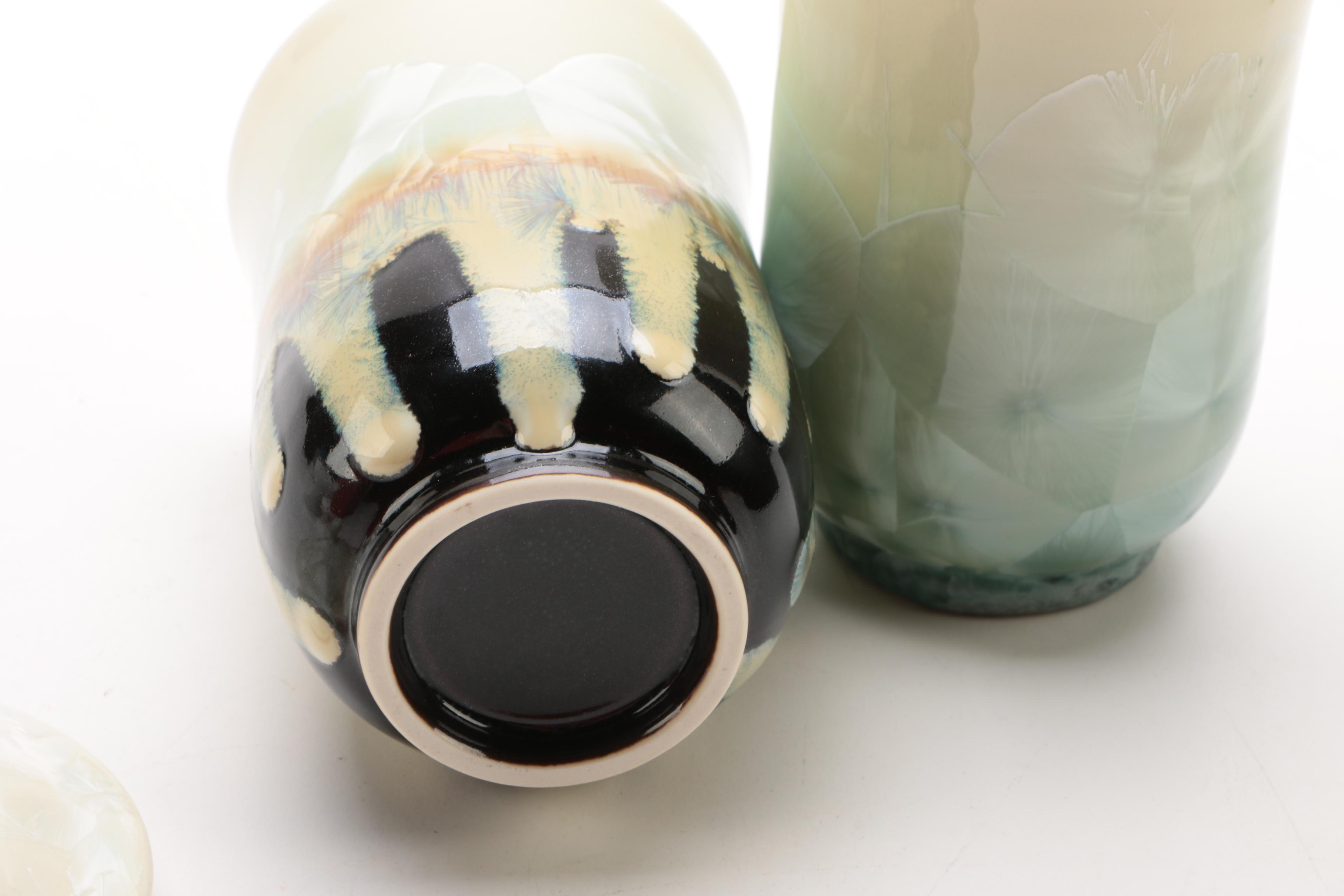 Asian Crystalline Porcelain Jars and Hand-Painted Pedestal Dish