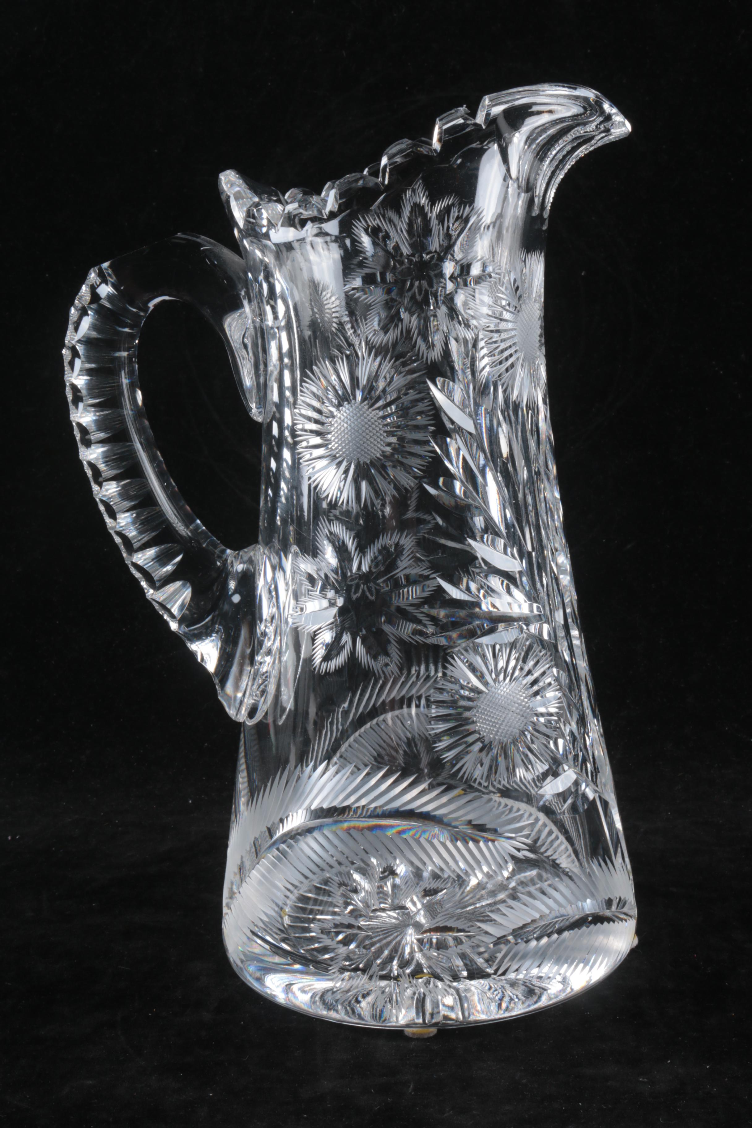 American Brilliant Period Cut Glass Pitcher and Tumblers with Floral Motif