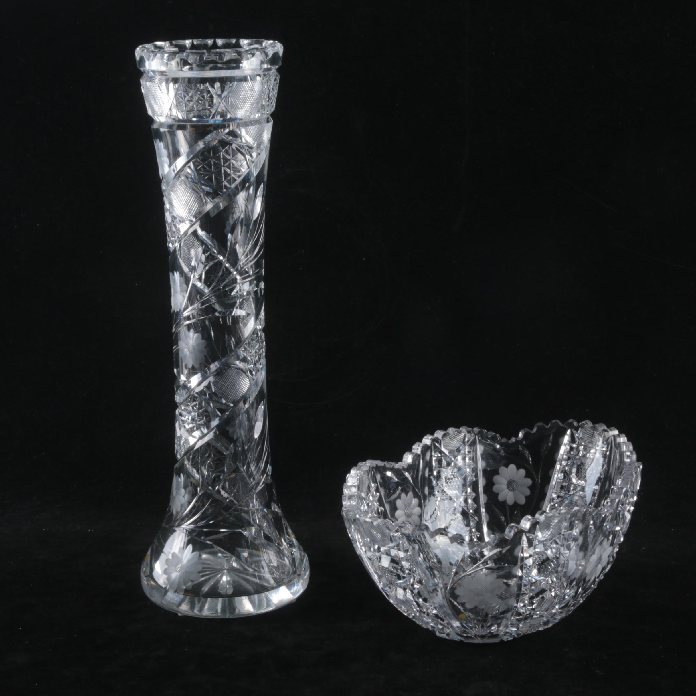 American Brilliant Period Cut Glass Bud Vase and Crystal Bowl