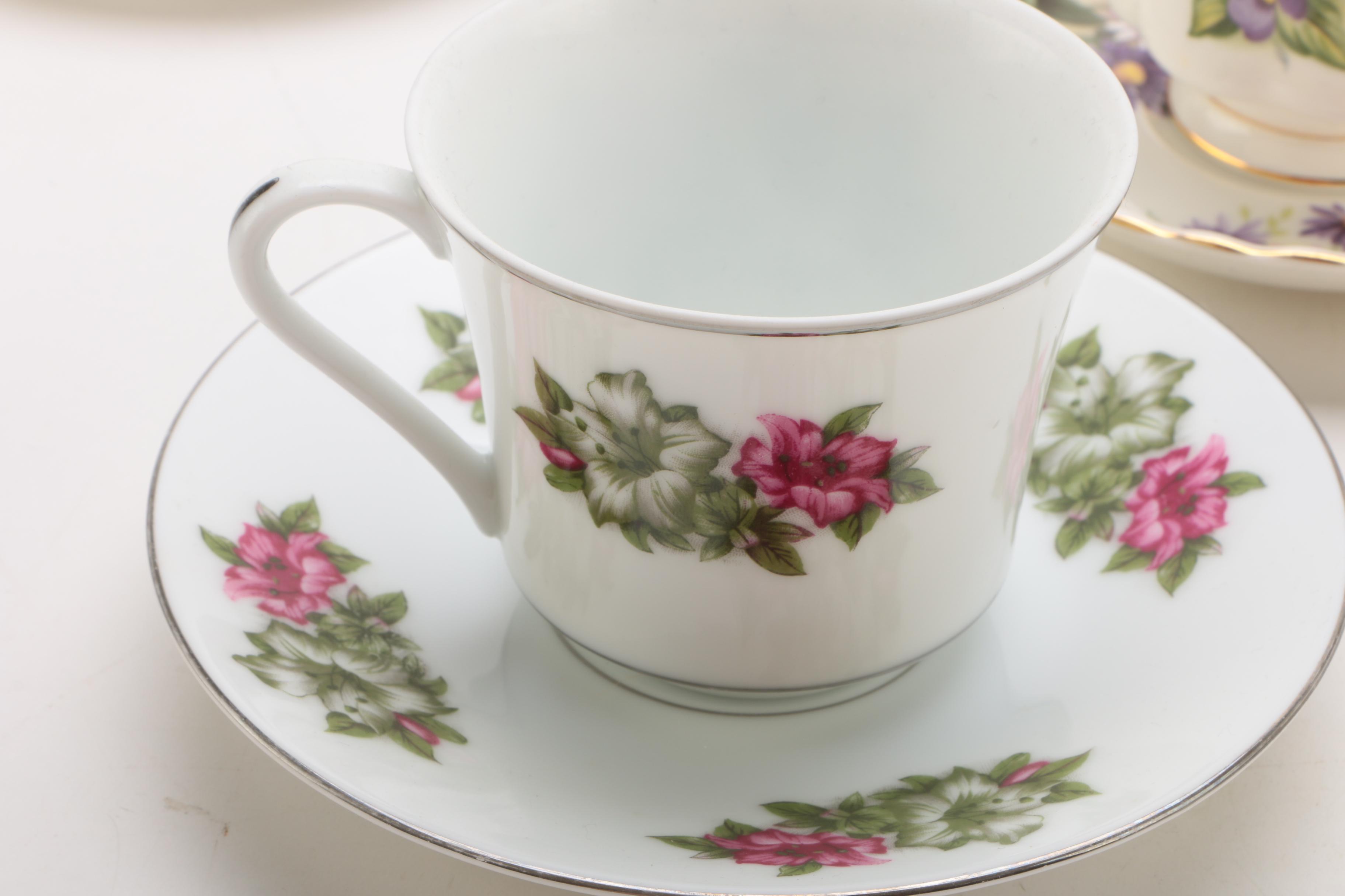 Porcelain Teacups and Saucers Featuring Wedgwood 'Charnwood'