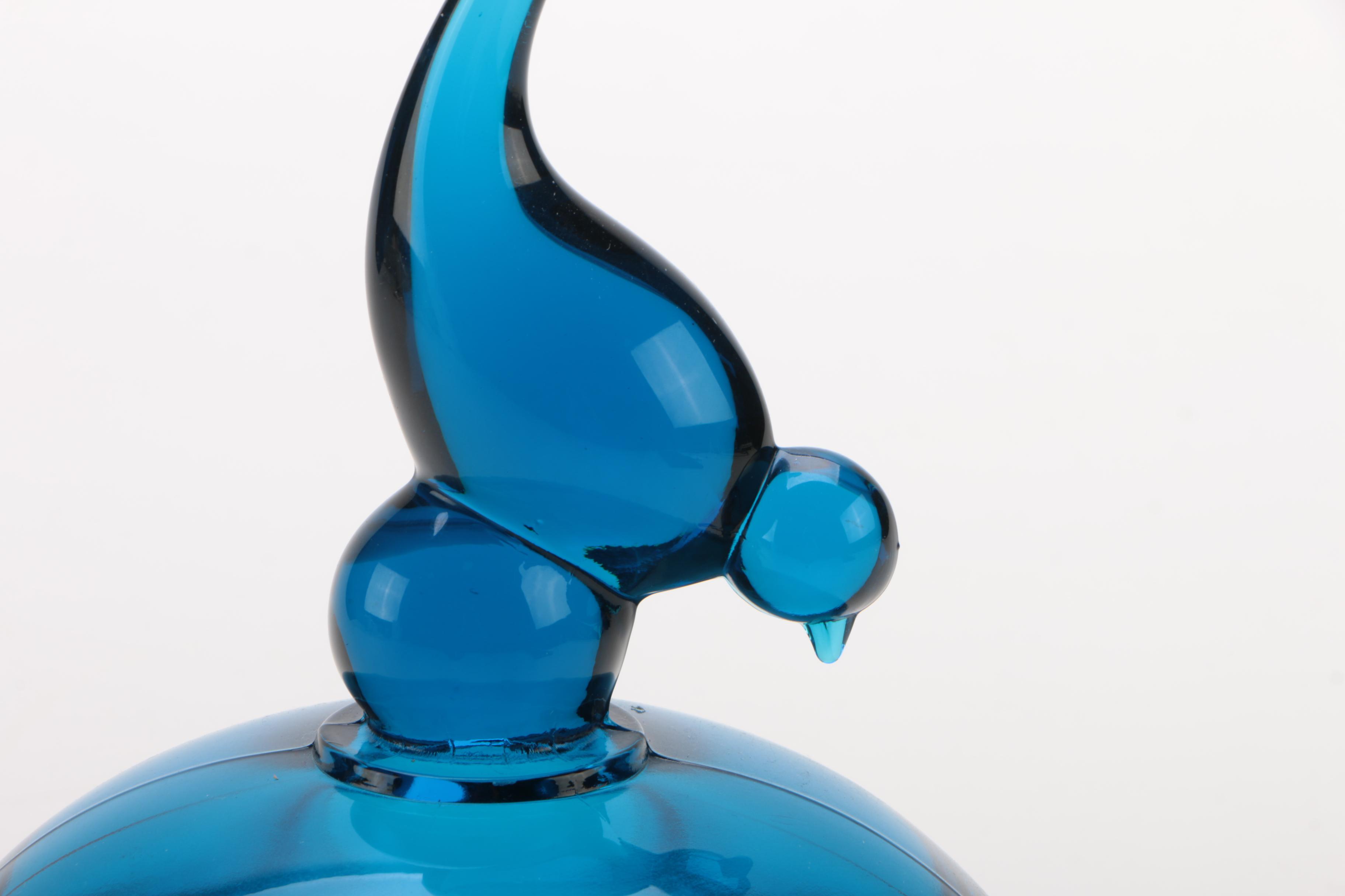 Vintage Blue Glass Bowl with Bird Finial