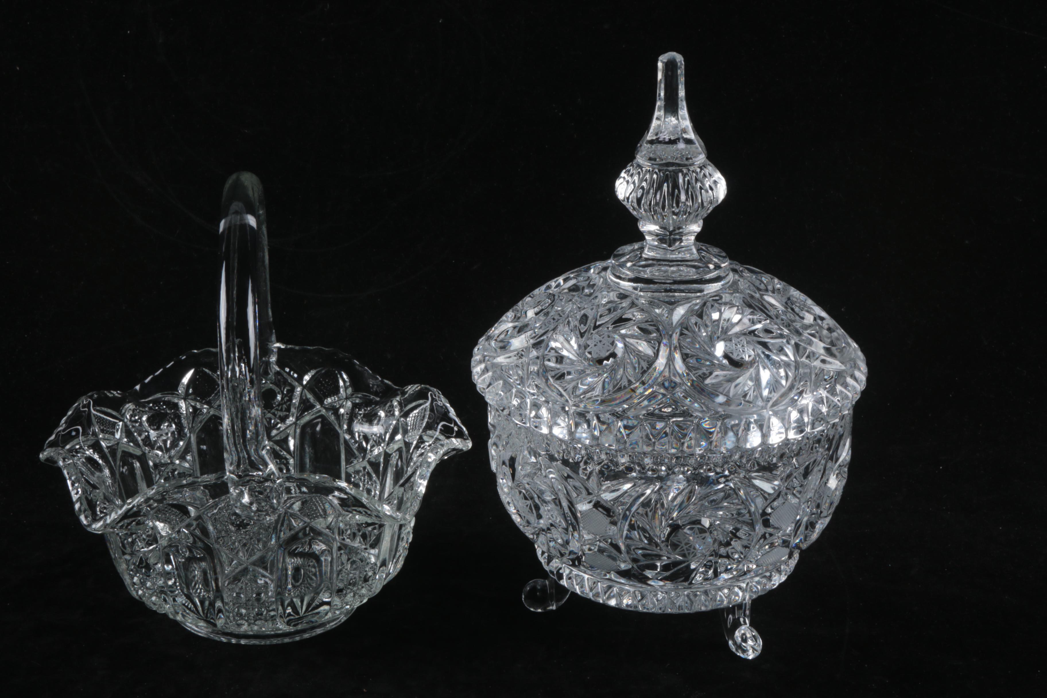 L.E. Smith Glass Basket with Crystal Candy Dish, Glass Jar, and Tidibit Tray