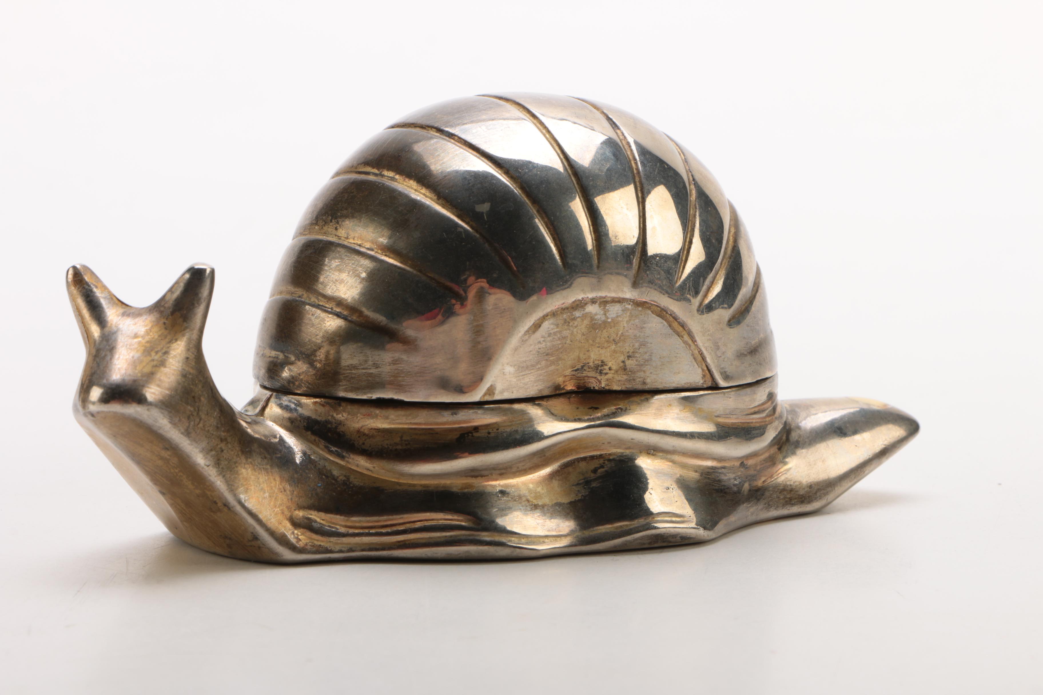 Wilton Armetale Tray, Pewter Figurines, and Silver Plate Snail Salt Cellar