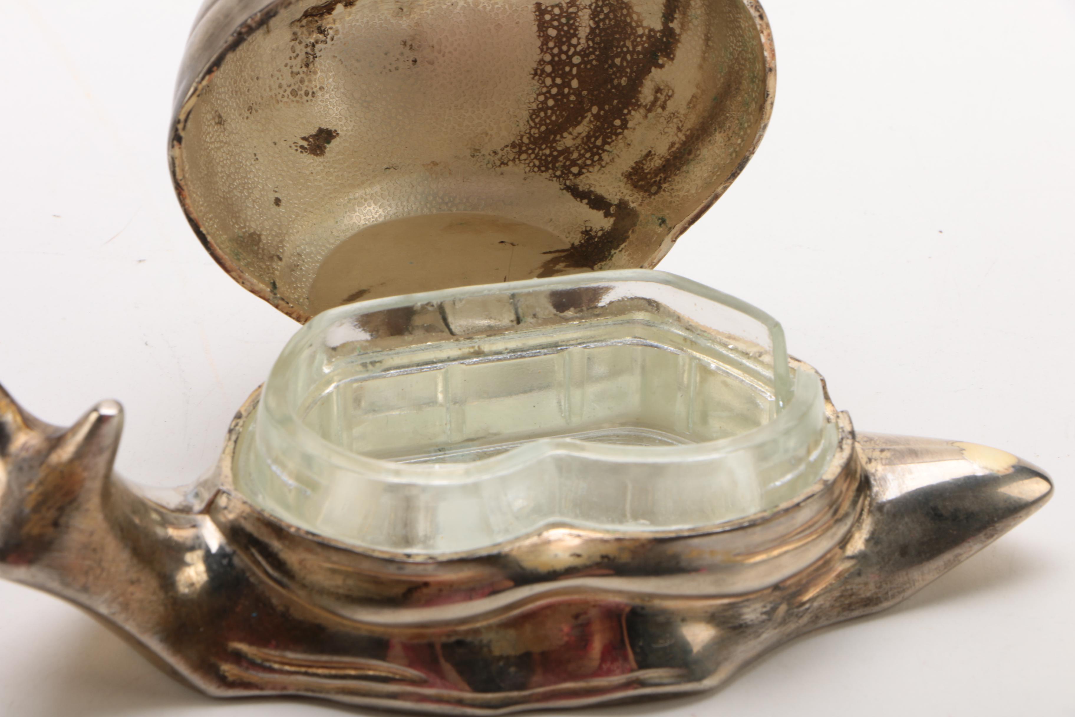 Wilton Armetale Tray, Pewter Figurines, and Silver Plate Snail Salt Cellar