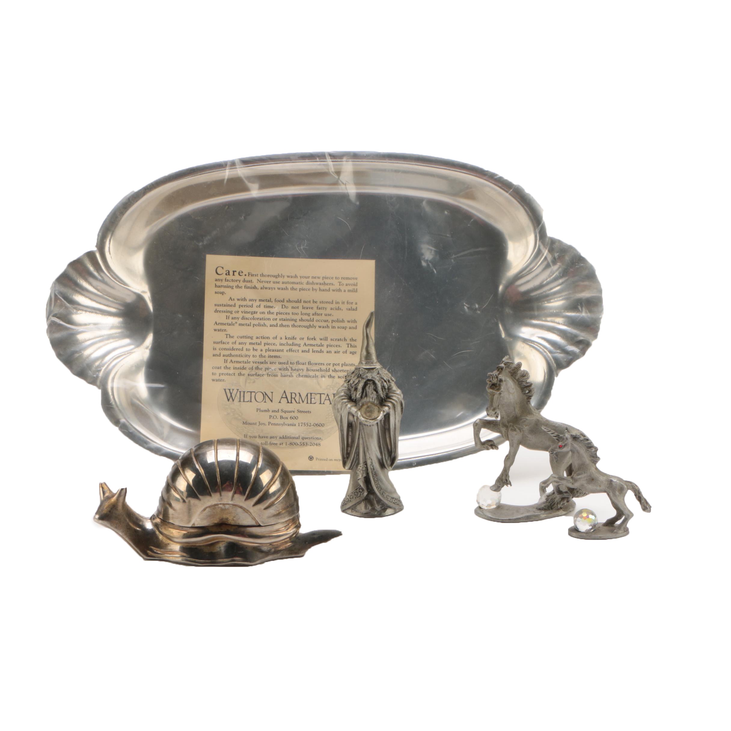 Wilton Armetale Tray, Pewter Figurines, and Silver Plate Snail Salt Cellar