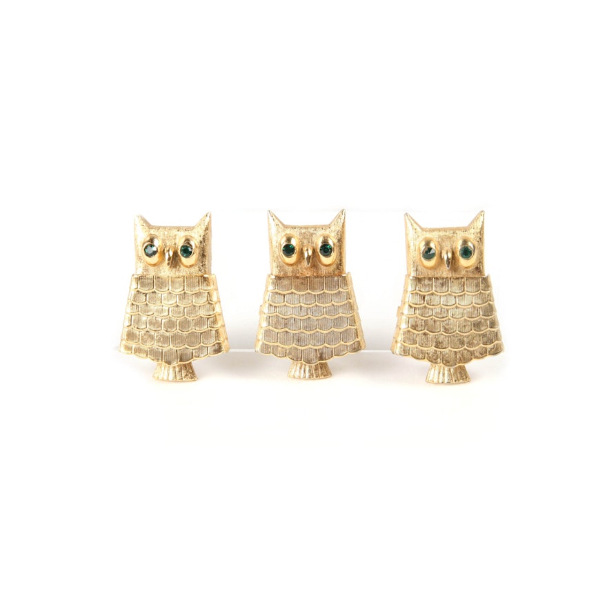 Three Vintage Collectible Avon Owl Perfume Brooches