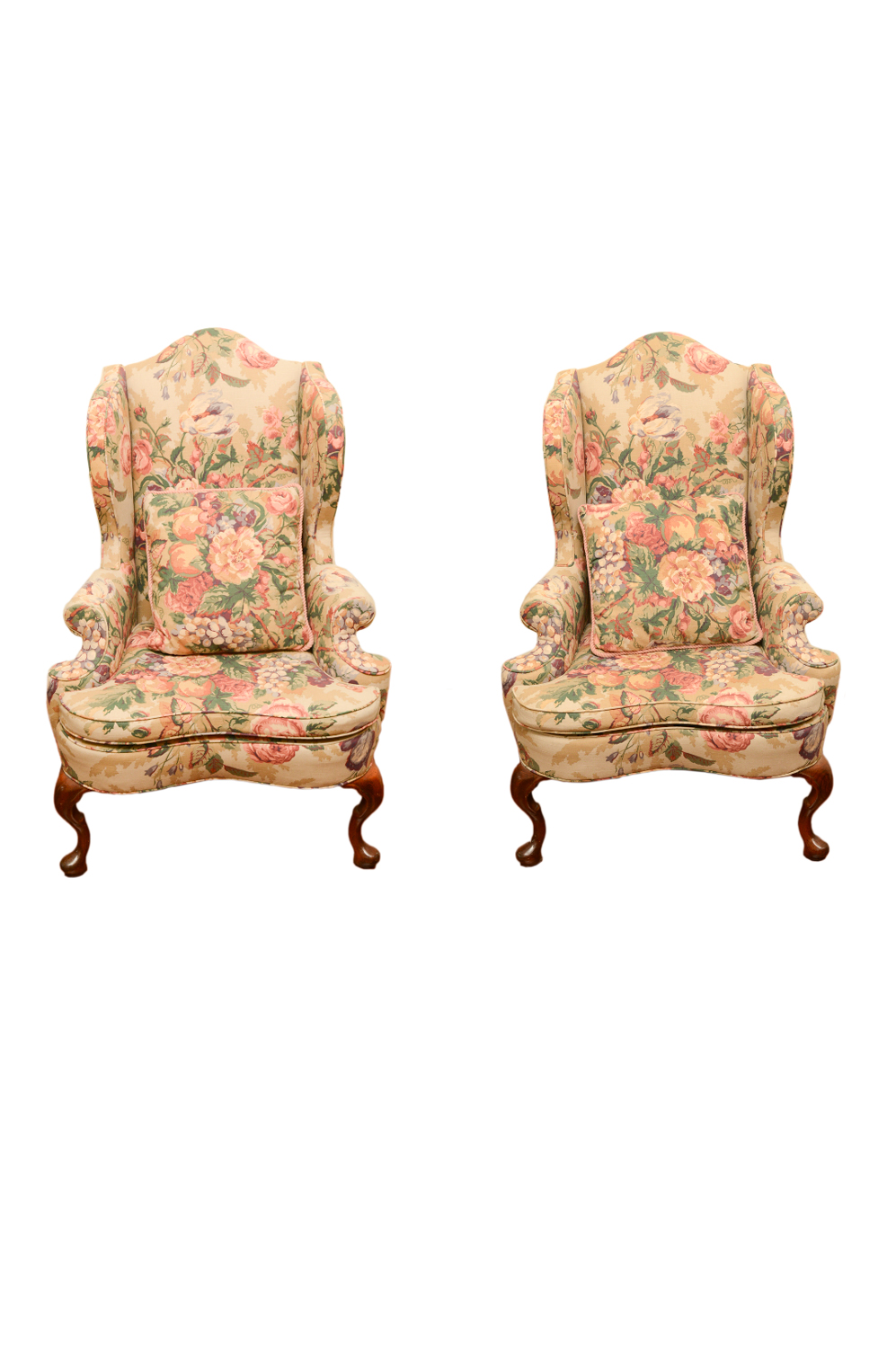 Vintage Queen Anne Style Floral Upholstered Wingback Chairs
